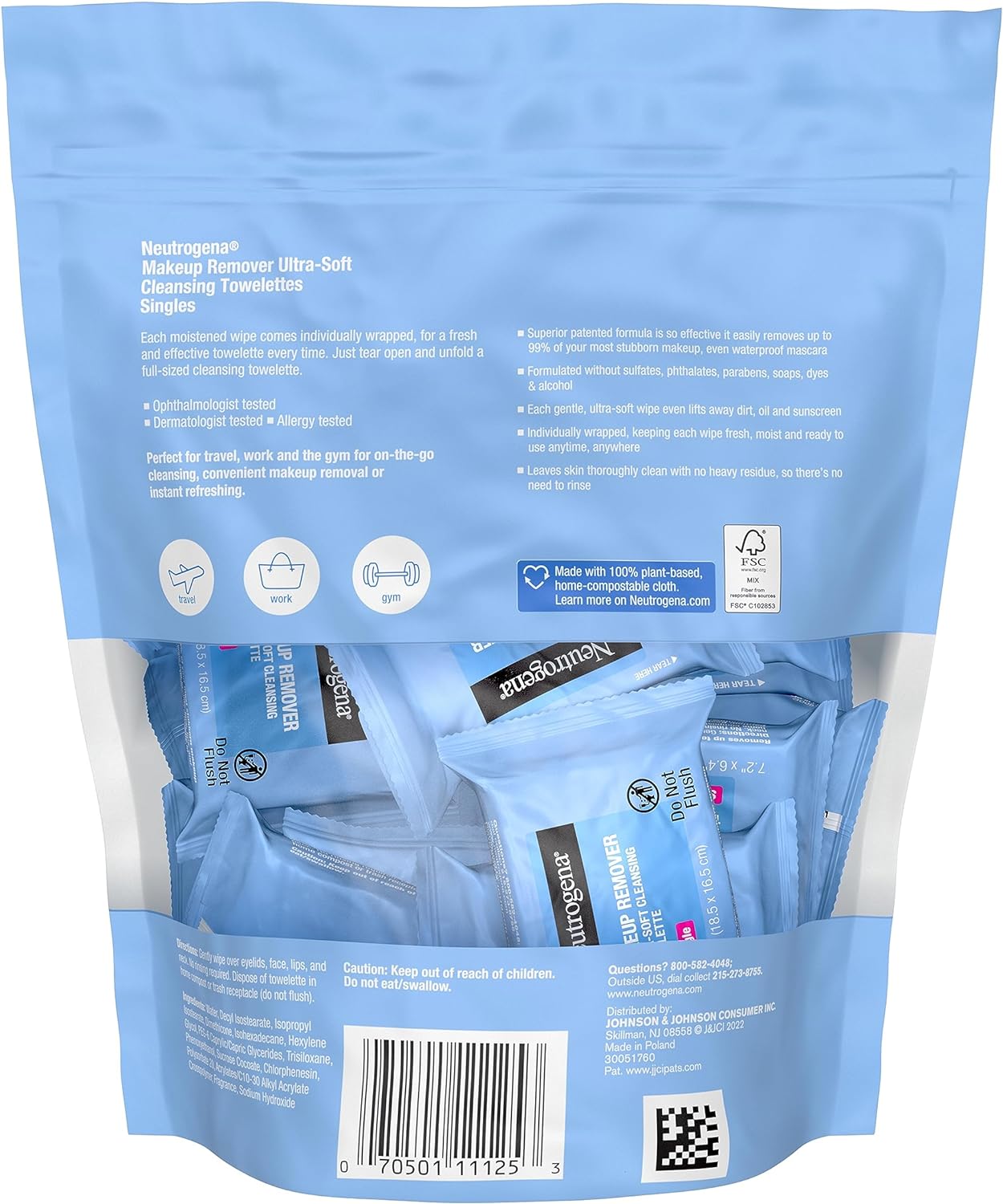 neutrogena facial cleansing towelette singles, daily face wipes to remove dirt, oil, makeup & waterproof mascara, gentle, alcohol free, individually wrapped, 20 count