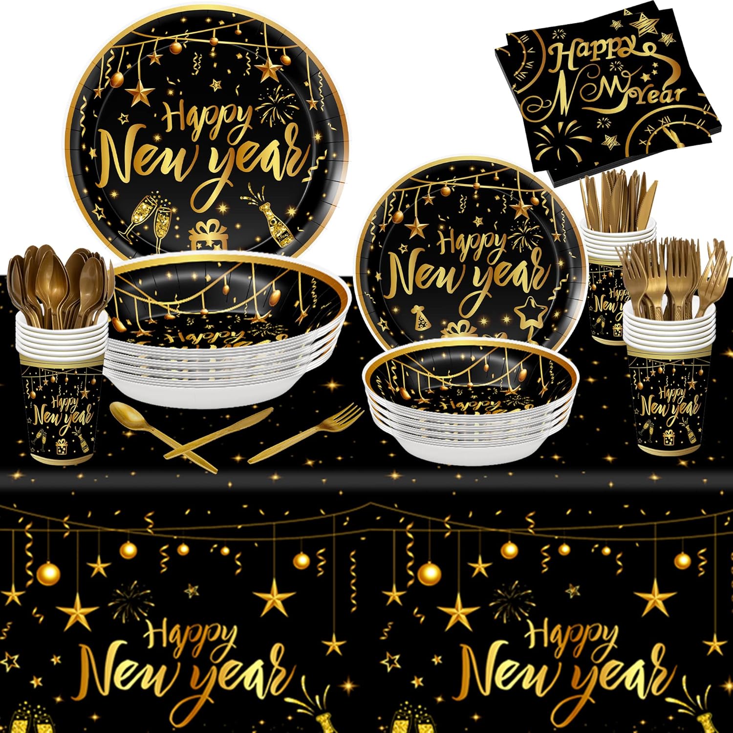 katchon, new years eve plates and napkins set serves 25 guest | happy new years tableware | new years plates and napkins and cups with happy new year tablecloth | new years eve party supplies 2025