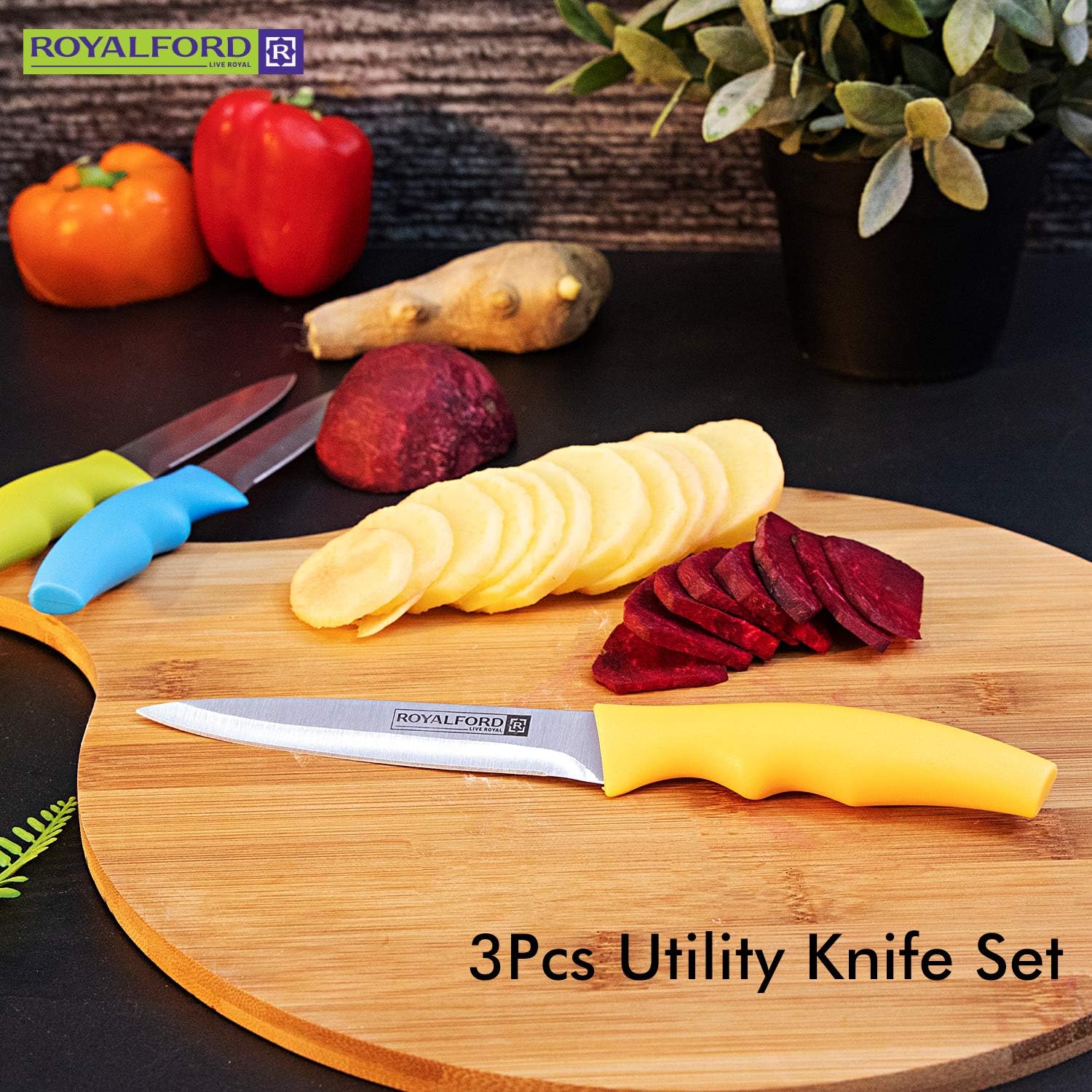 royalford stainless steel blade utility knife (3pcs) stainless steel razor sharp blades ultra sharp cooking knives, perfect for carving & chopping best kitchen gift for cooking lovers & chefs