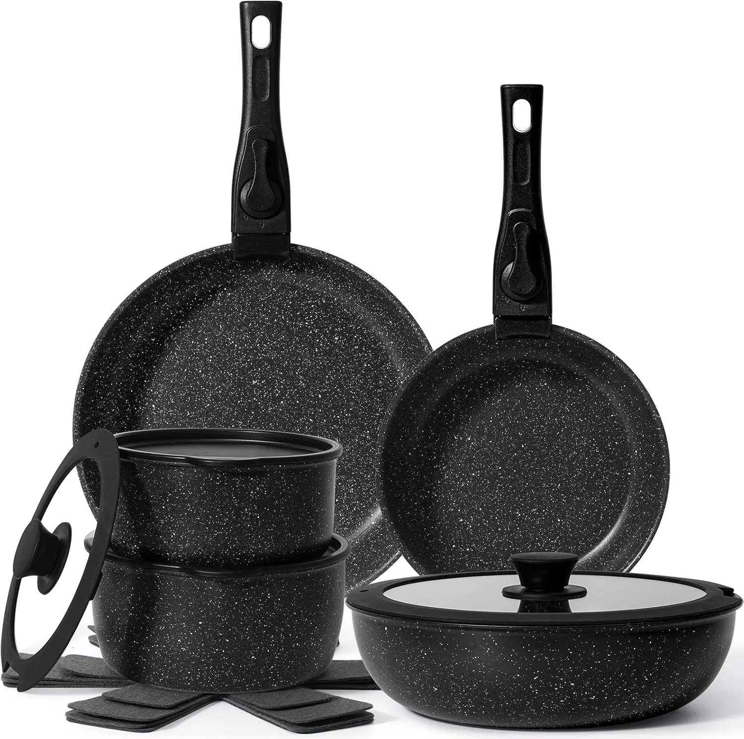 SODAY 15Pcs Pots and Pans Set Non Stick, Cookware Sets with Detachable Handle, Nonstick RV Kitchen Cooking Set Removable Handles, Oven Safe, Induction Fast, Stackable Non-stick Set, Black
