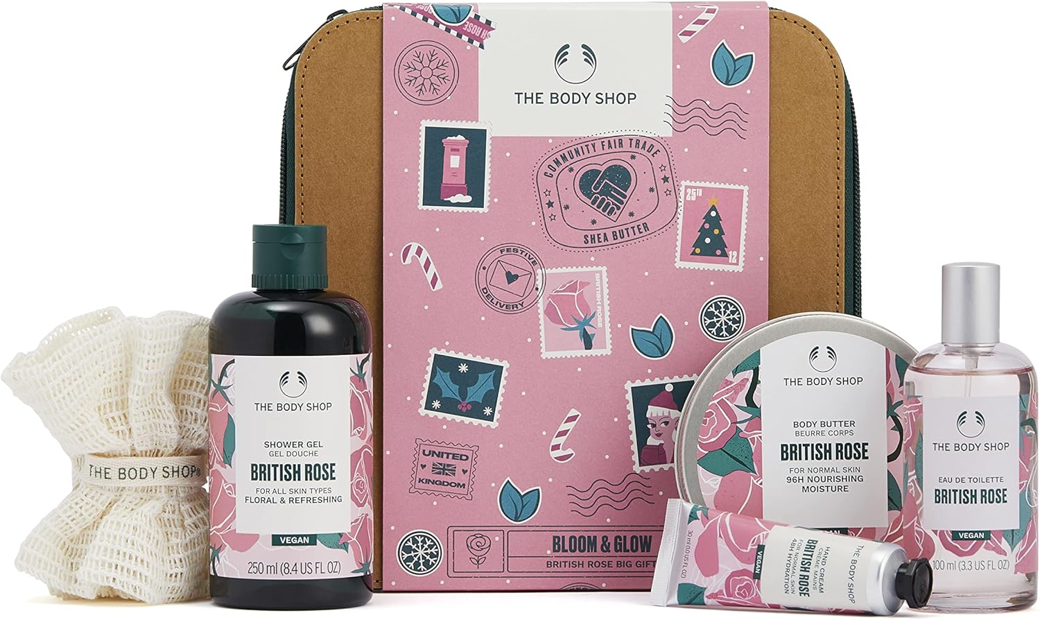 the body shop bloom & glow british rose big gift set – vegan formula with rose – hydrating & rejuvenating skincare for all skin types – 5 items