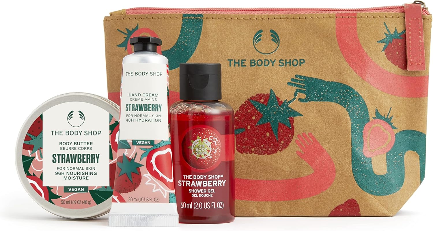 the body shop lather & slather juicy strawberry gift bag gift set, for normal skin