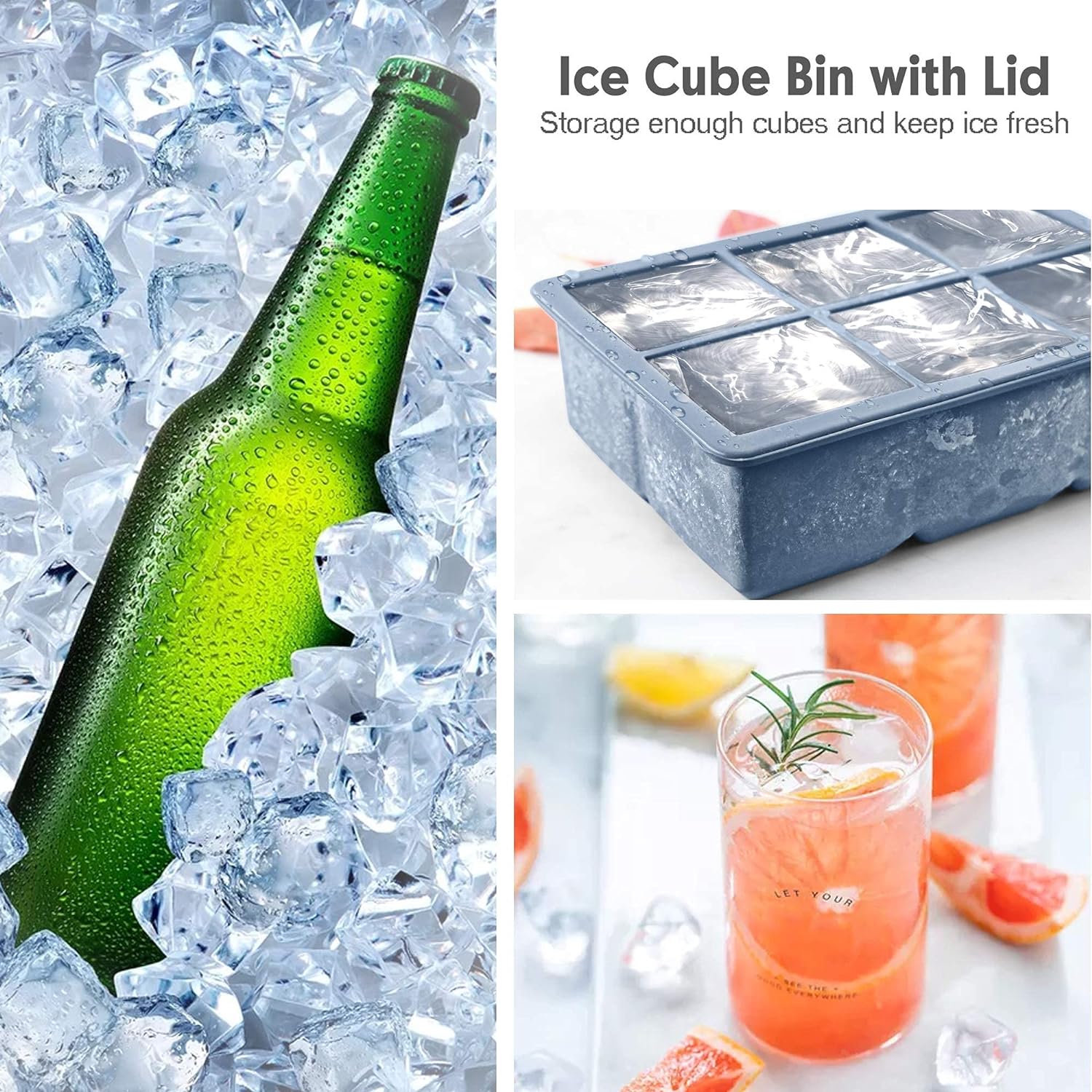 excnorm silicone ice cube trays 3 pack large size silicone ice cube molds with leak proof removable lid square ice cube tray and bpa free for cocktail,whiskey, stackable flexible ice