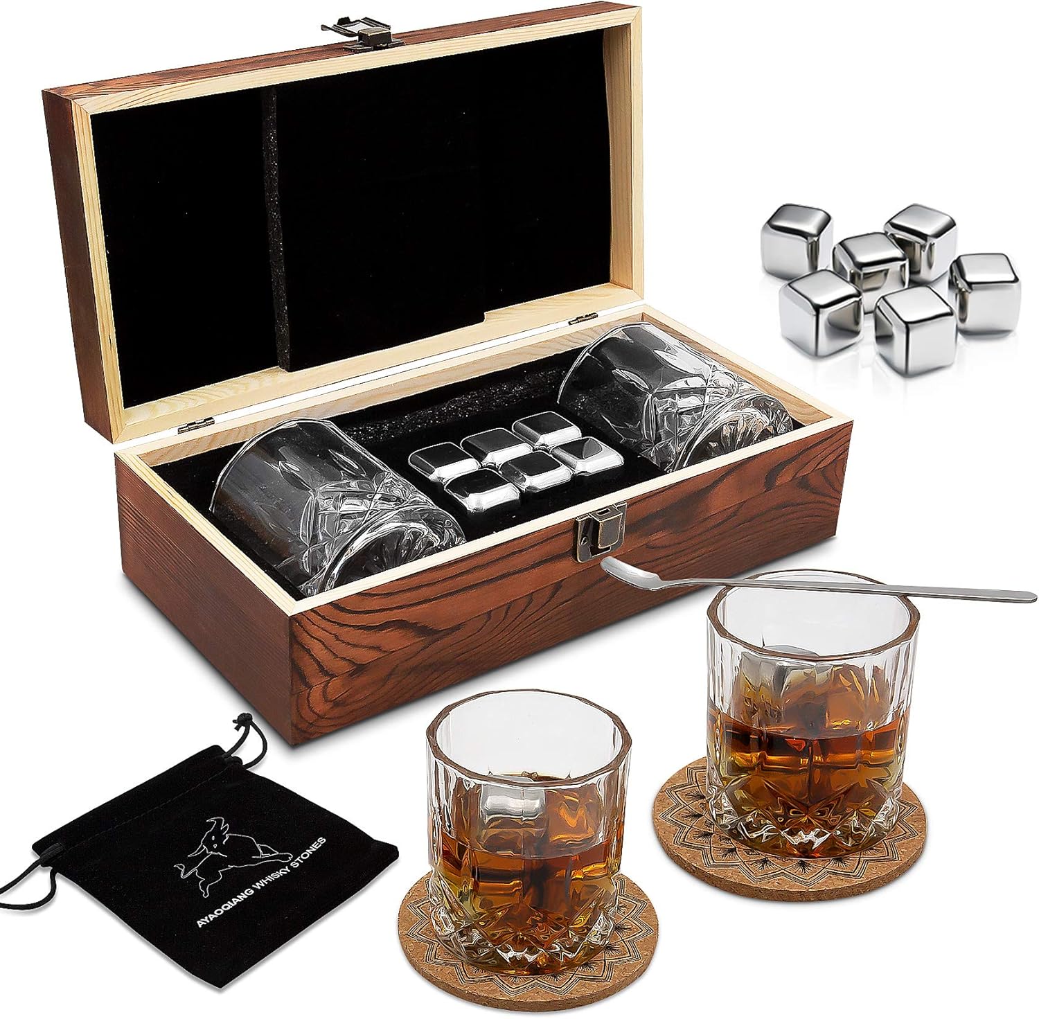 ayaoqiang whiskey gift sets for men,whisky glass set of 2,stainless steel whisky reusable ice stone cubes,gift for christmas,thanksgiving,father‘s day
