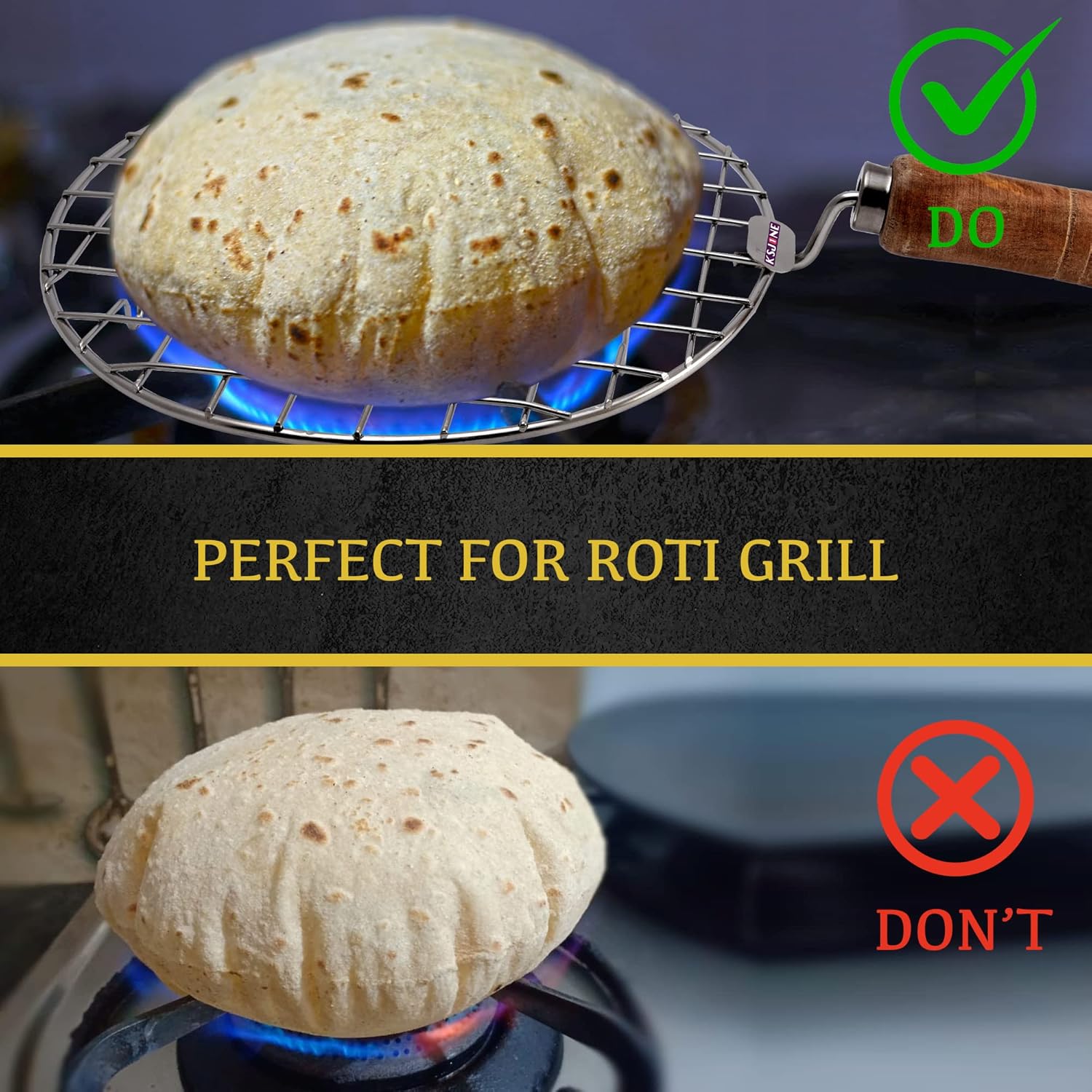 ksjone stainless steel multi functional wire steaming cooling and baking barbecue rack round wire roaster rack/papad jali/roti grill round shape with wooden handle
