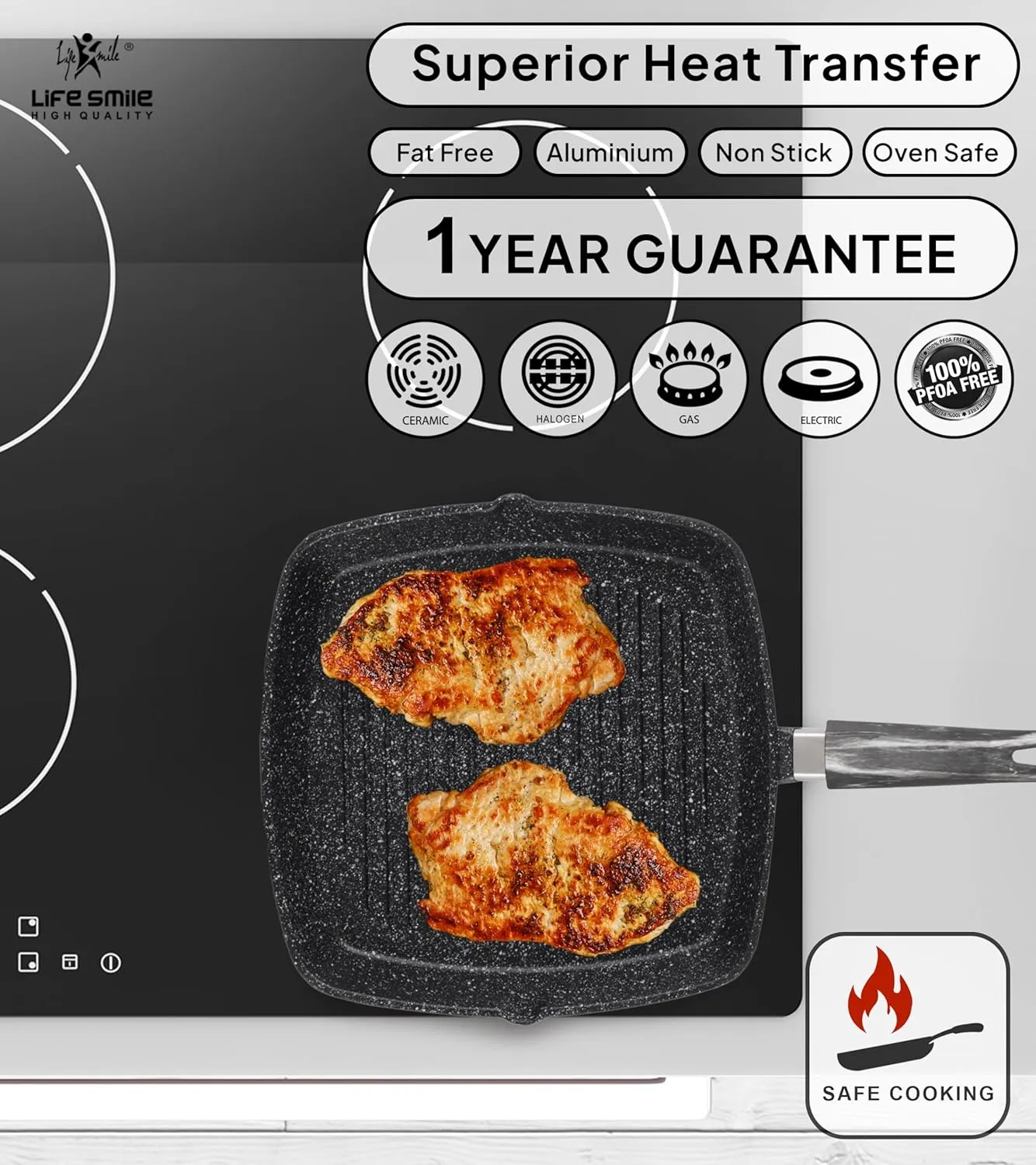 LIFE SMILE grill pan Non-stick Granite Coating with lid | Oven Safe | versatile grilling pan with drop opening, Skillet large surface,100% PFOA free (Black Bakelite Knob, 24 CM Fixed Handle)