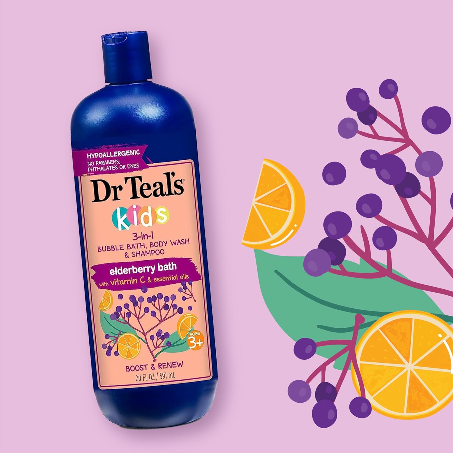 dr teal's kids 3 in 1 bubble bath, body wash & shampoo elderberry & vitamin c 591ml
