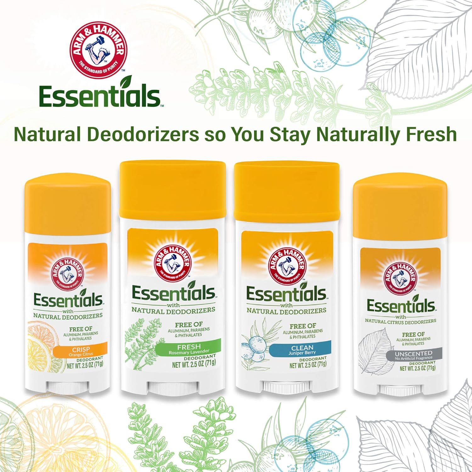 arm & hammer essentials natural deodorant, fresh, 71g