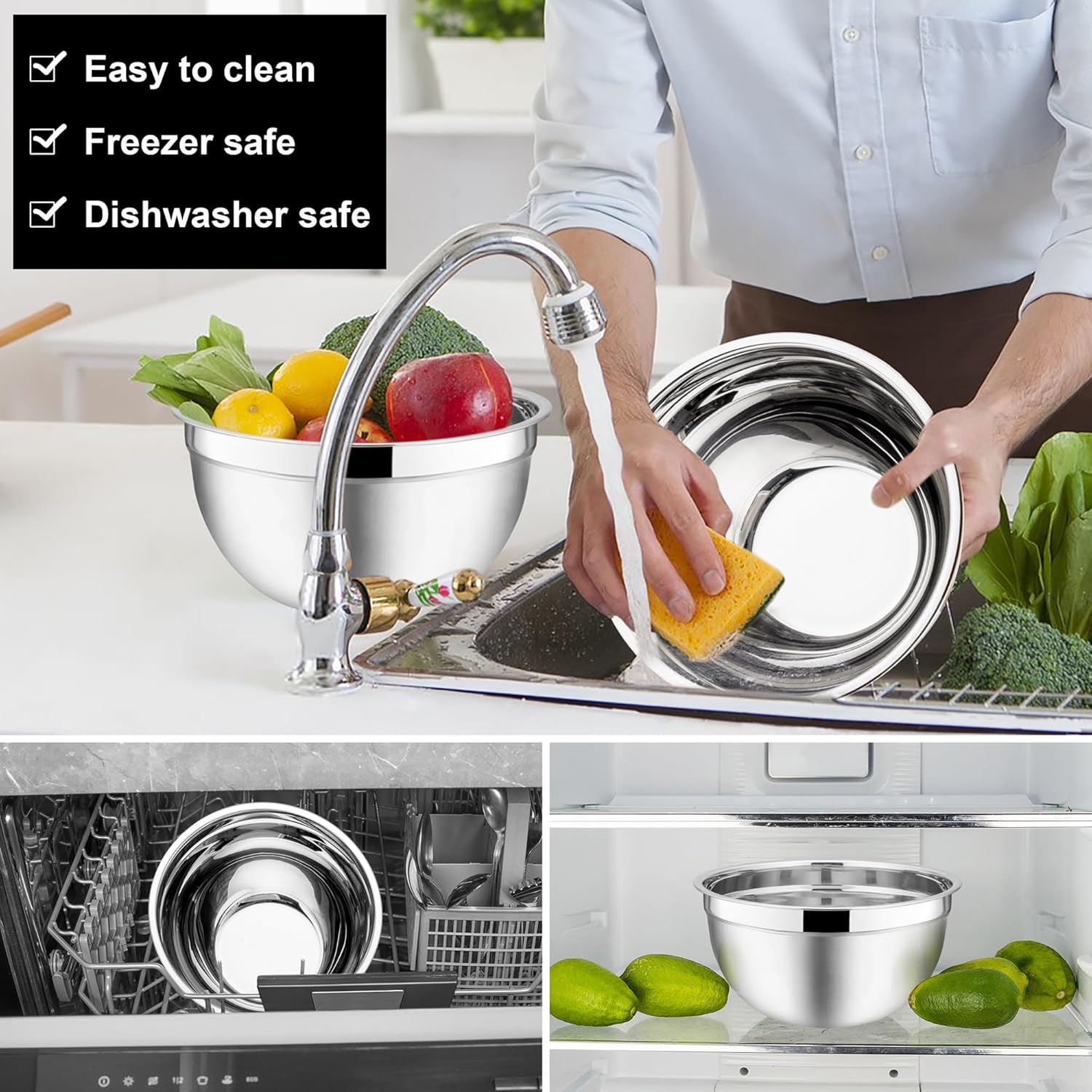 e far mixing bowls with lids, 6 piece stainless steel salad bowls metal nesting bowls for baking cooking and prepping, airtight lids & stackable design, size 4.5, 3, 1.5 qt (black)