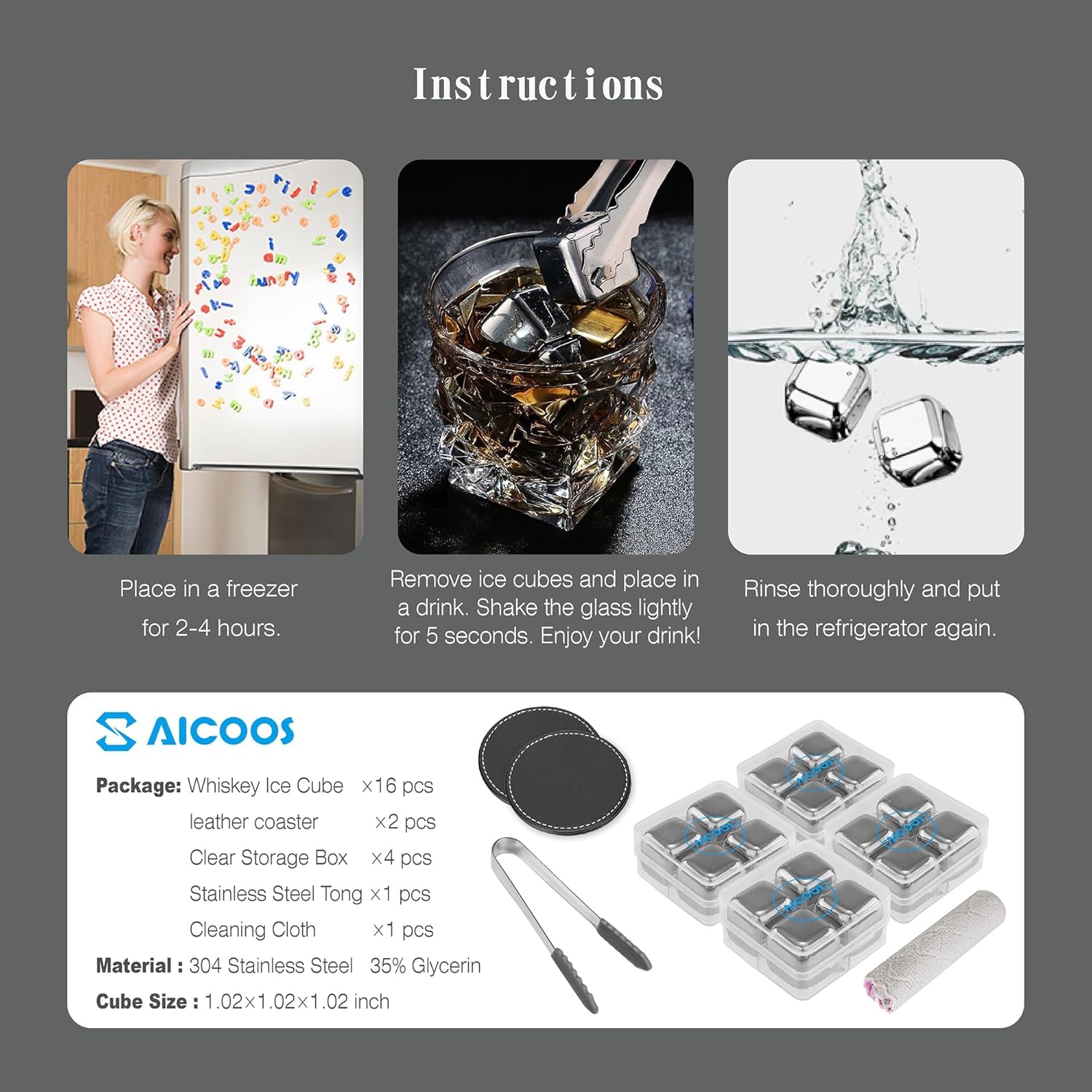 saicoos 16 pack reusable stainless steel ice cubes for drinks metal whiskey stones, high cooling technology, for whiskey, vodka, liqueurs, wine, beverage juice or soda, pack of 16