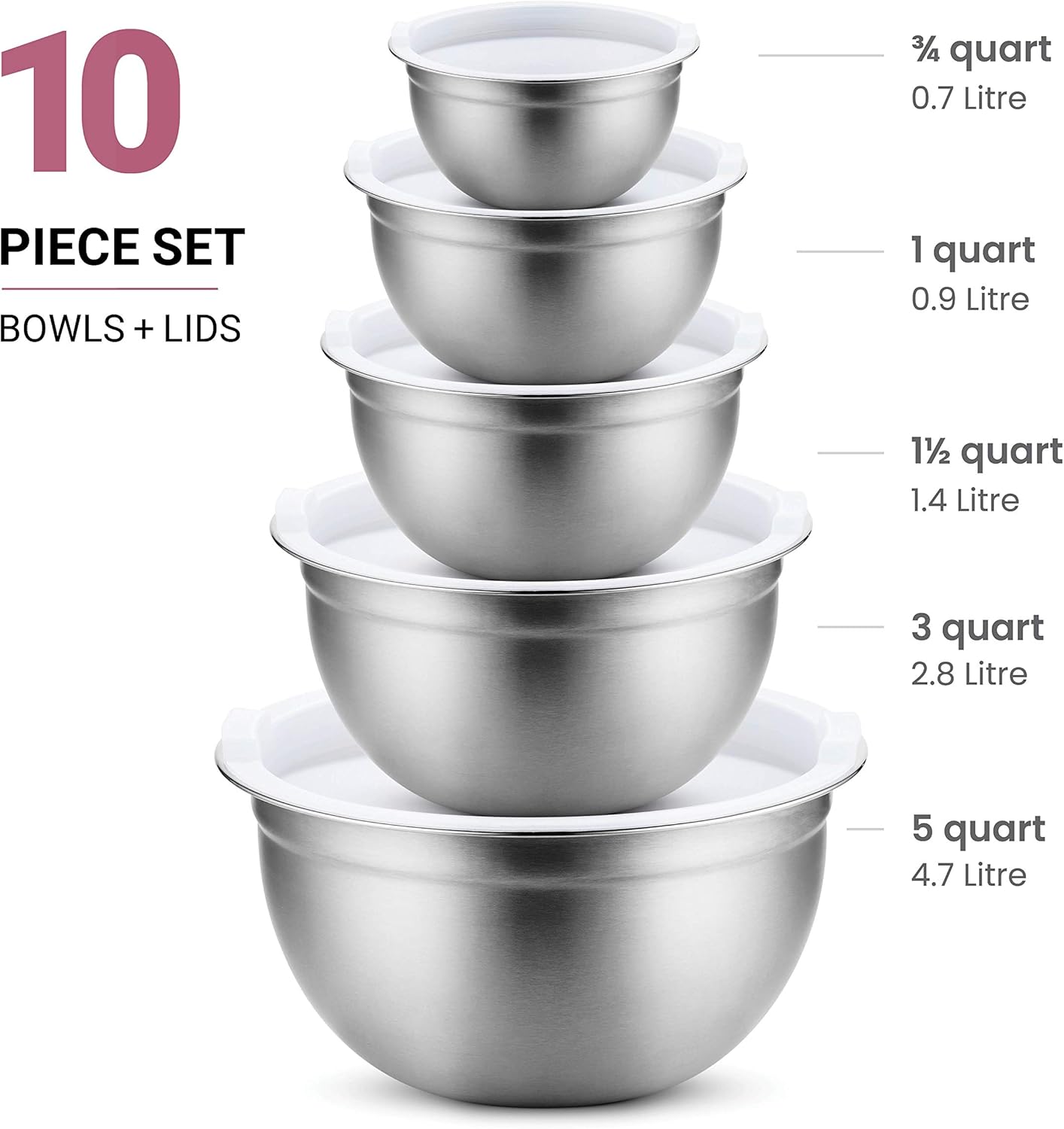 finedine premium various sizes stainless steel mixing bowl (set of 5) with airtight lids, flat base for stability & easy grip whisking, mixing, beating bowls nesting & stackable for convenient storage