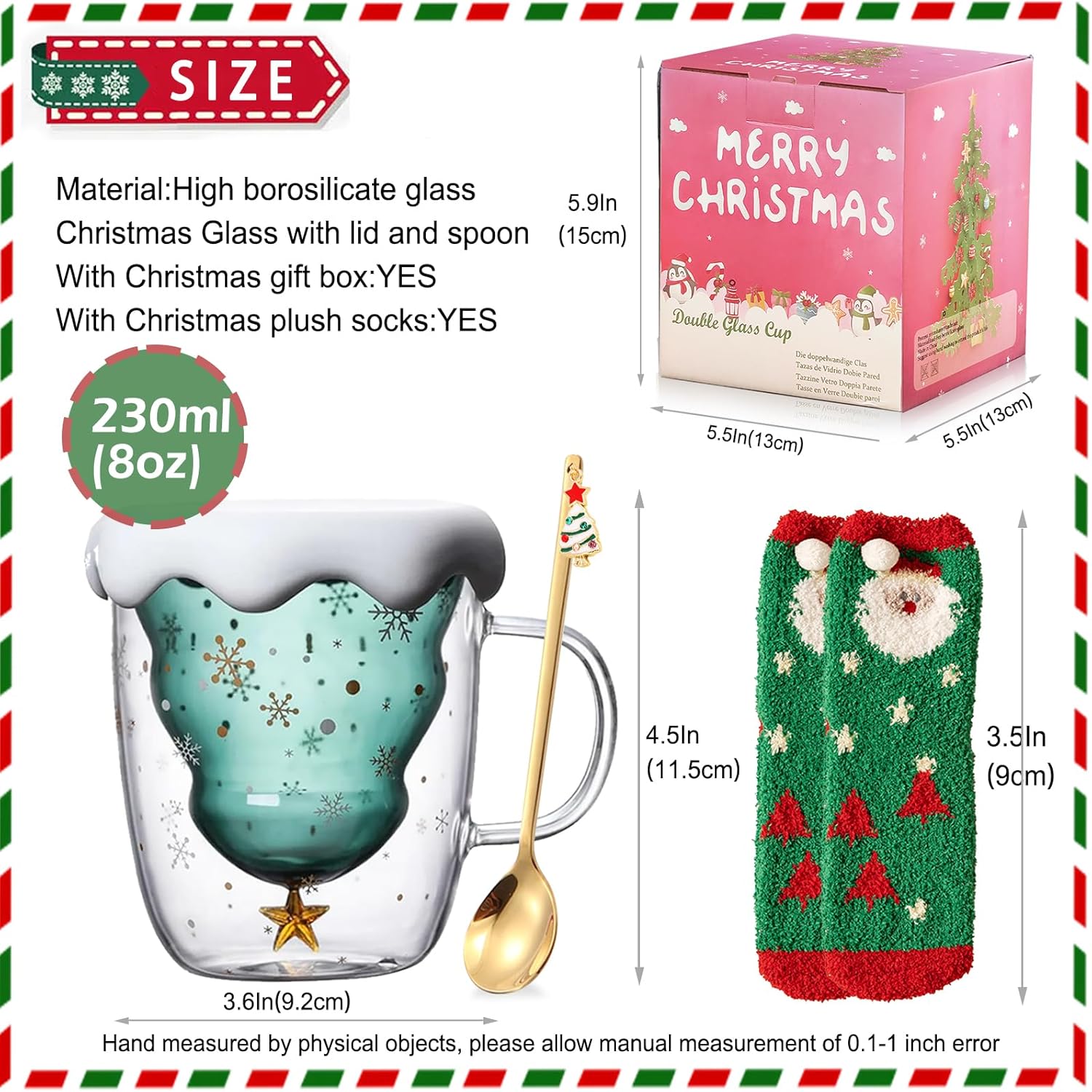 binoster cute mugs christmas coffee mug double walled glass mugs milk tea espresso cup christmas tree decorations christmas funny gifts for women men kids girls her best friend（green）