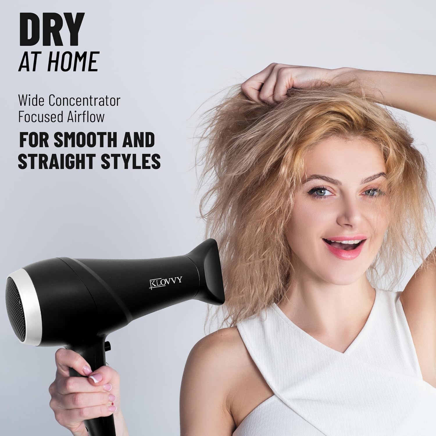 klovvy hair dryer with diffuser, 2200w powerful hair dryer with diffuser and concentrator heads, 2 speed settings, 3 heat settings, frizz control with ionic function