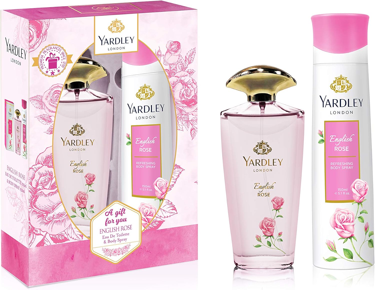 yardley london english rose perfumed gift set for women, eau de toilette 125 ml + body spray 150 ml
