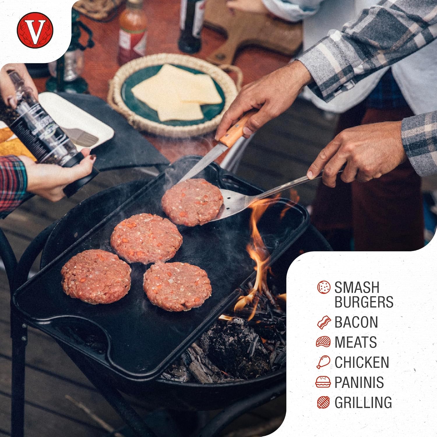 victoria cast iron panini press, burger press, bacon press, grill press, seasoned with 100% kosher certified non gmo flaxseed oil, model number: gad 025