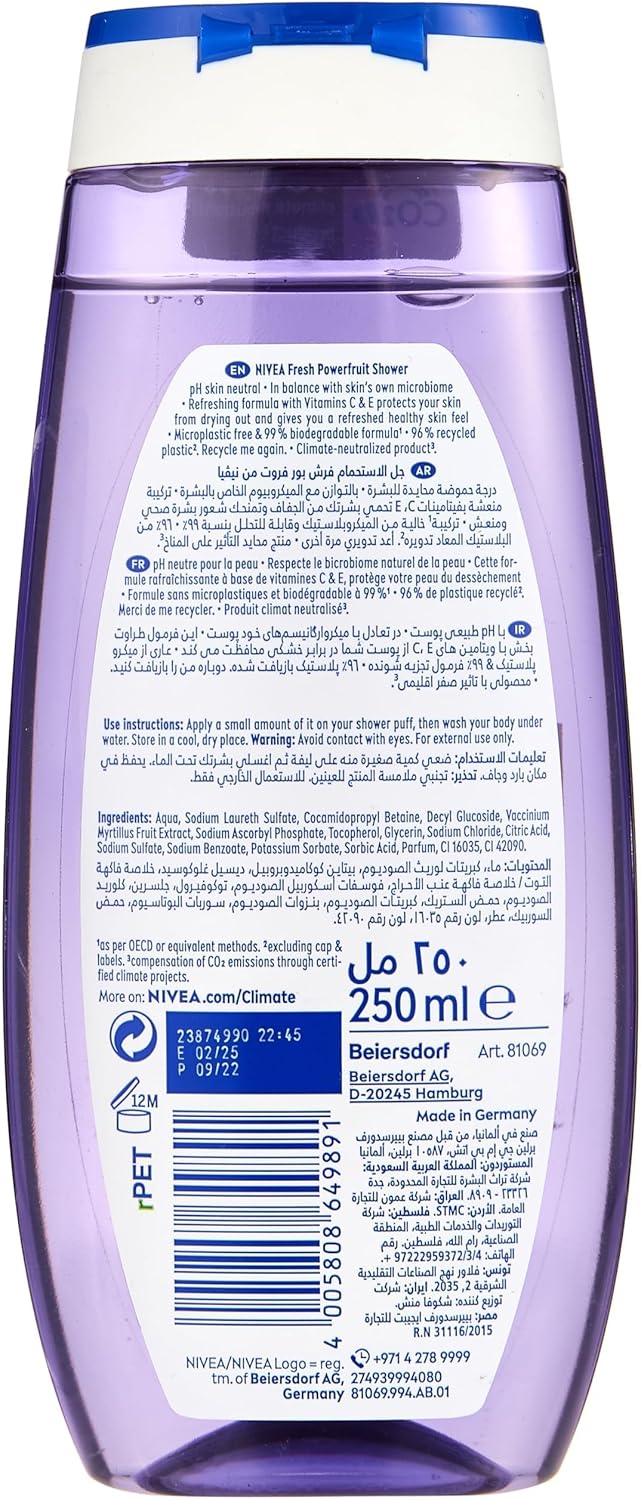 nivea fresh powerfruit shower gel, wild berry scent, 250 ml