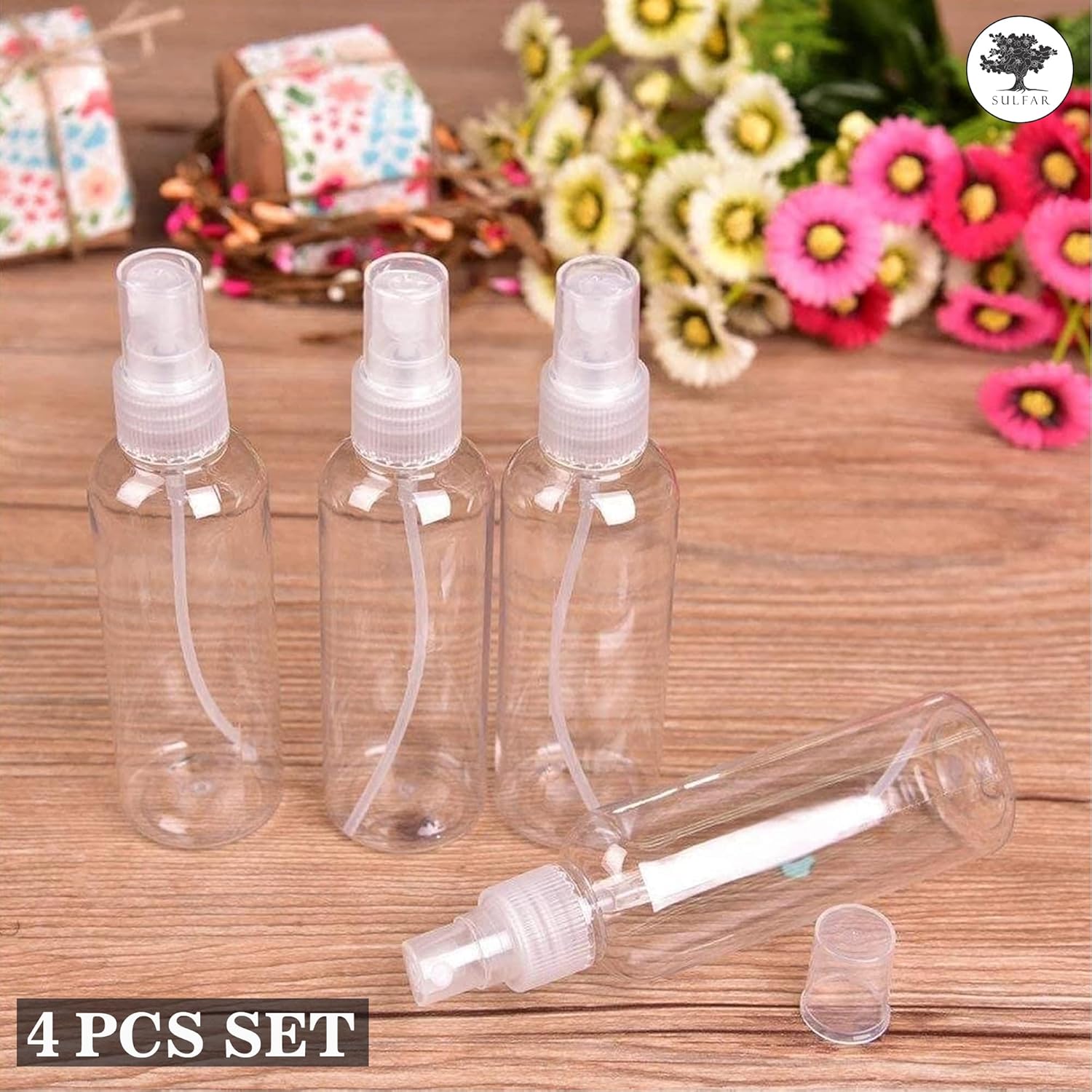 sulfar 4pcs 100ml sprayer spray bottles refillable container watering can travel toiletries liquid containers for cleaning, plants, misting (100ml)