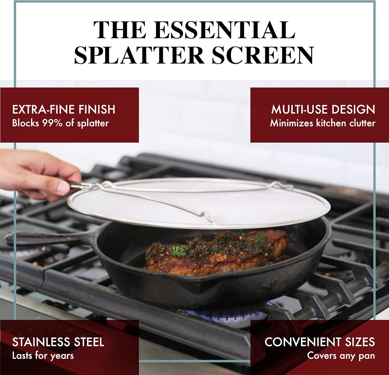 bergkoch grease splatter screen for frying pan 13" stops 99% of hot oil splash protects skin from burns splatter guard for cooking iron skillet lid keeps kitchen clean stainless steel