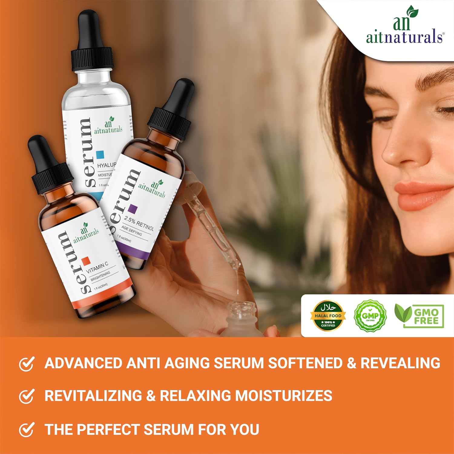 aitnaturals anti aging serum set (each 30ml) | powerful trio of vitamin c, retinol, & hyaluronic acid | reduces wrinkles, firms, hydrates, boosts brightness, improves elasticity & moisturizes skin