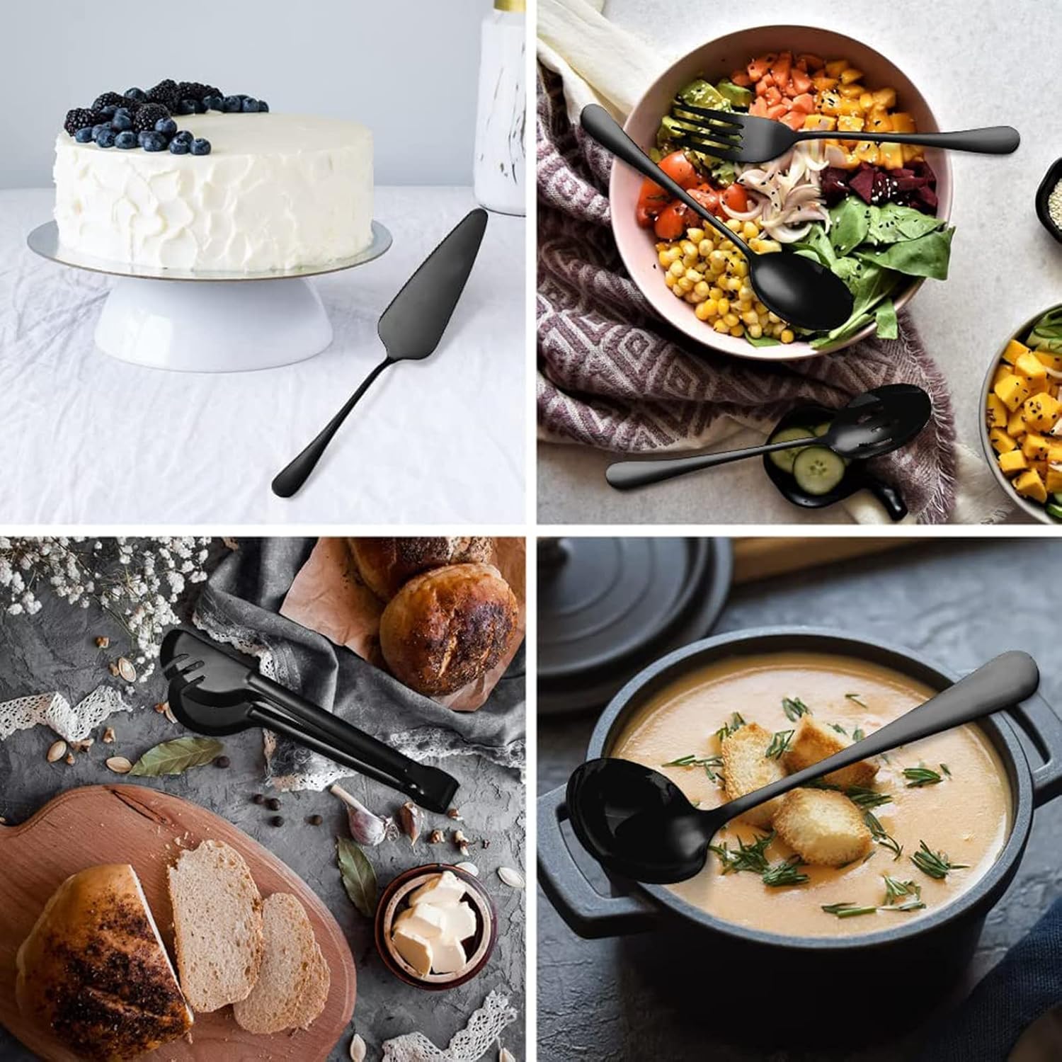 u hoome stainless steel serving utensils,10pcs large serving spoon set,slotted serving spoons,serving spoons,serving forks,serving tongs,buffet catering serving spoons fork tongs (black, 10)