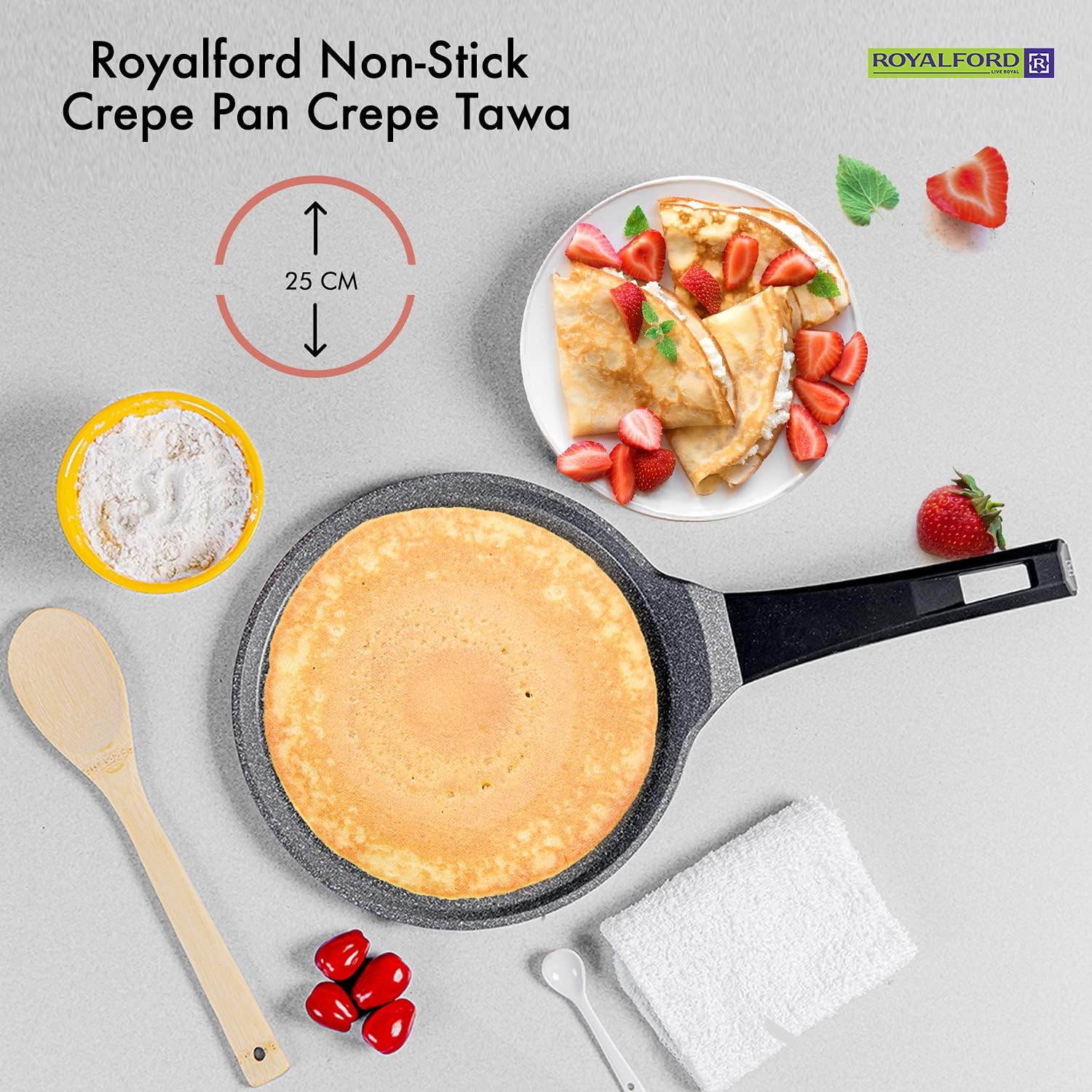royalford 25 cm die cast crepe tawa, grey, rf8589