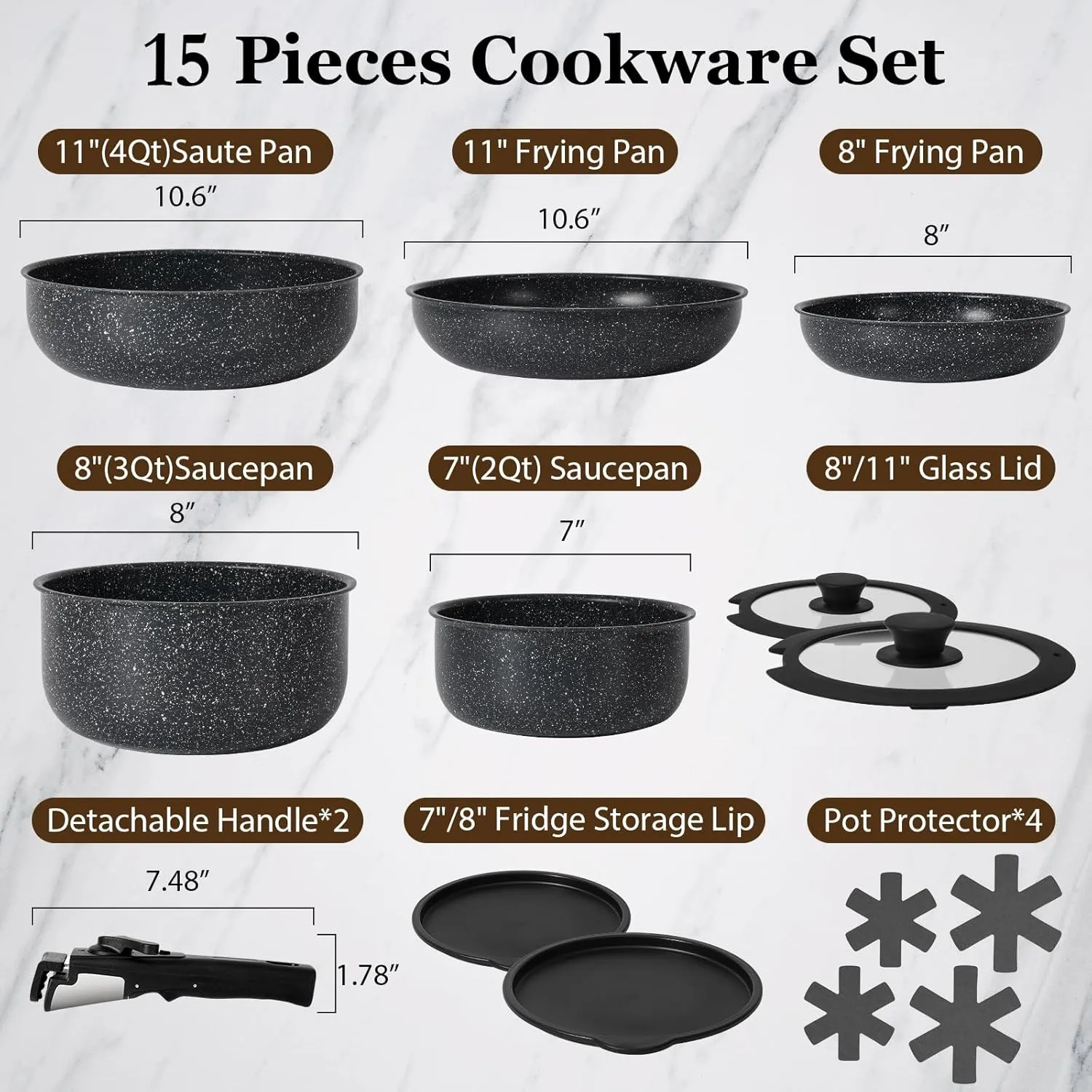SODAY 15Pcs Pots and Pans Set Non Stick, Cookware Sets with Detachable Handle, Nonstick RV Kitchen Cooking Set Removable Handles, Oven Safe, Induction Fast, Stackable Non-stick Set, Black