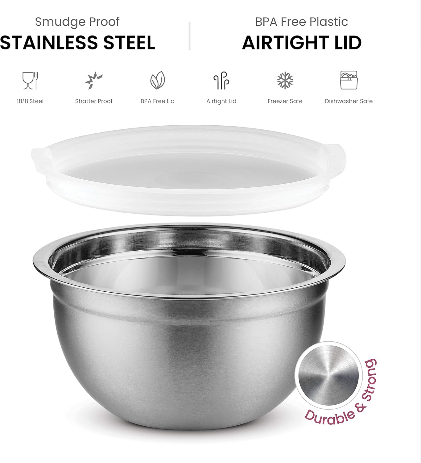 finedine premium various sizes stainless steel mixing bowl (set of 5) with airtight lids, flat base for stability & easy grip whisking, mixing, beating bowls nesting & stackable for convenient storage