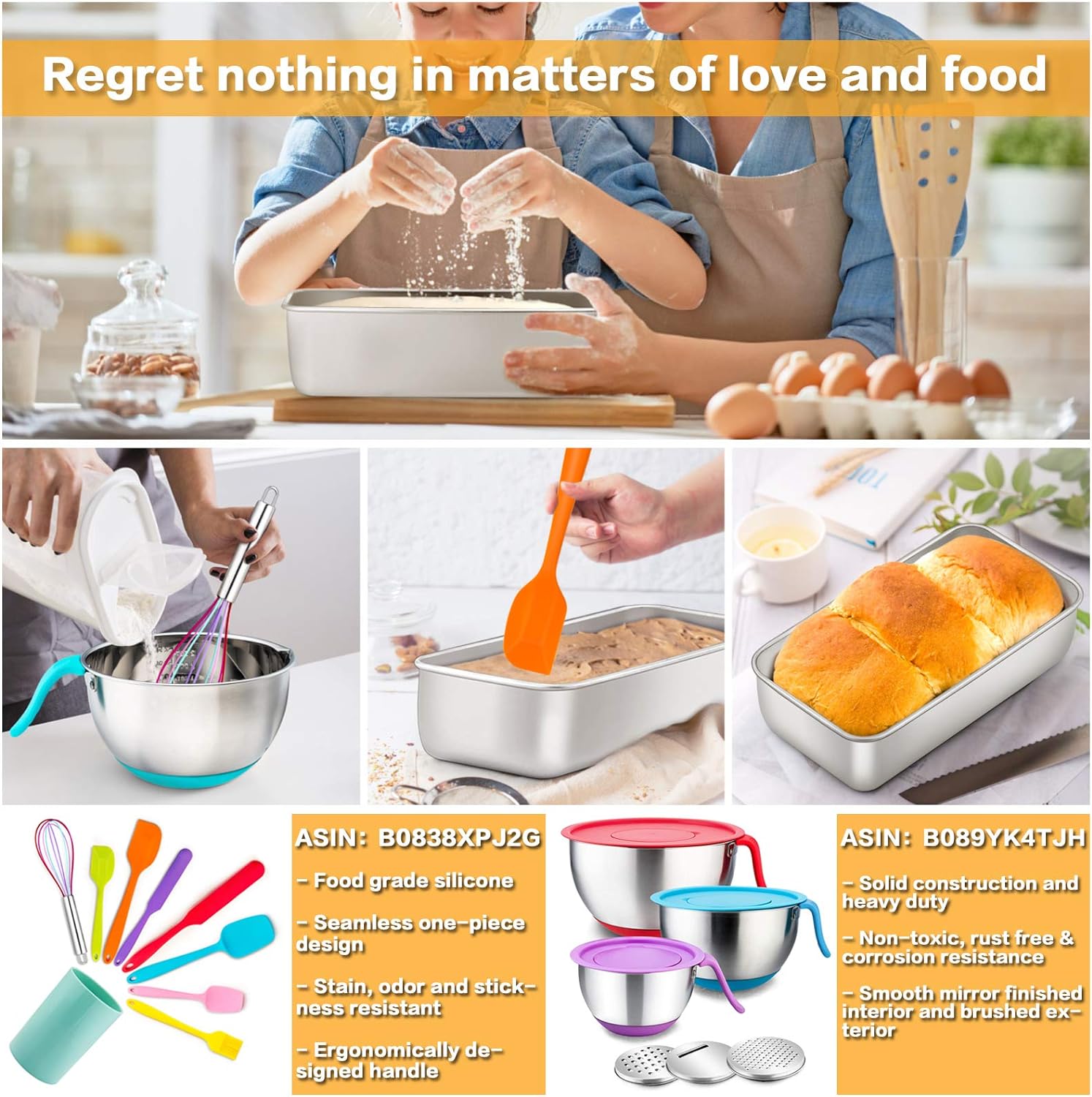 e far loaf pan for baking bread, 9 x 5 inch stainless steel baking loaf pans, metal bakeware for bread meatloaf cake brownies, healthy & non toxic, easy release & dishwasher safe set of 2