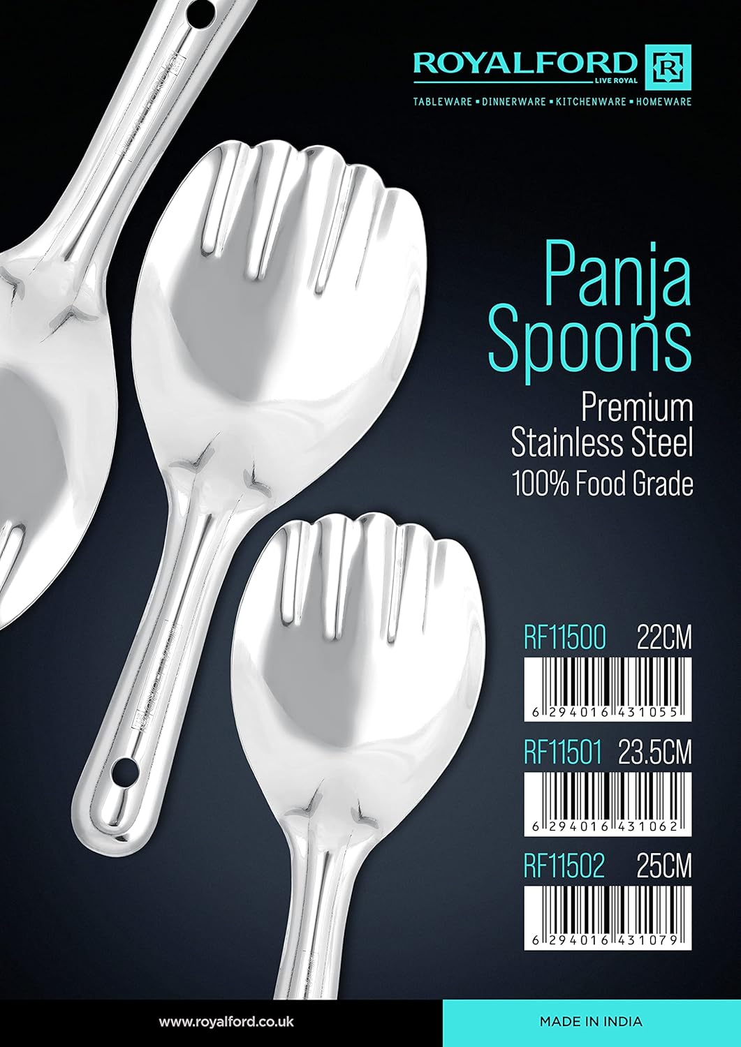 royalford 25 cm stainless steel panja spoon rf11502| ideal for cooking and serving rice| premium quality rice spoon, food grade, elegant and lightweight design| silver