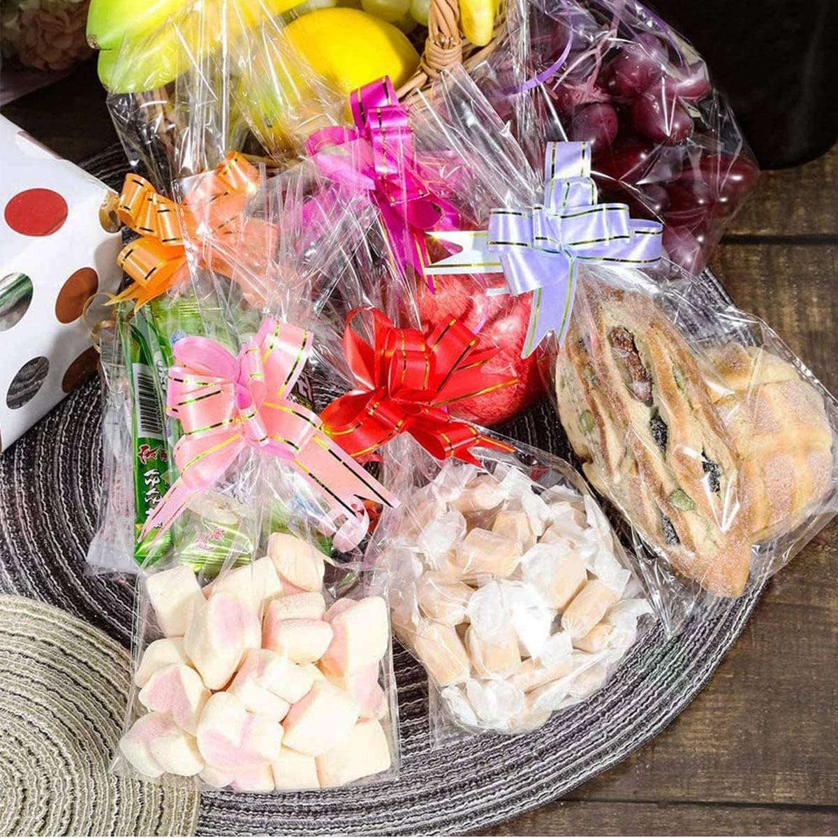 ecvv 100pcs clear cellophane treat bags with twist ties self adhesive cookie bags packing supplies for party favor, candy, cookie, popcorn, dessert, bakery