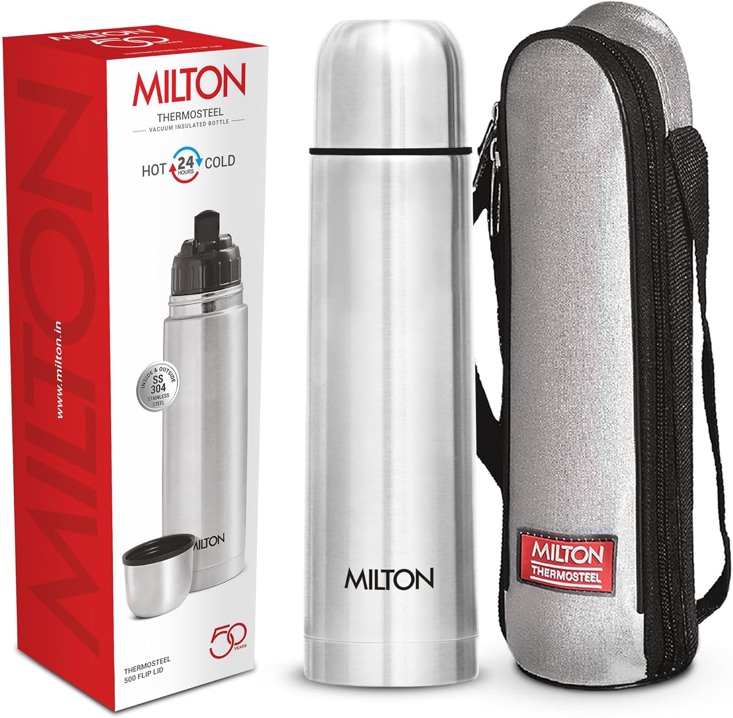 milton thermosteel flip lid 500, double walled vacuum insulated thermos 500 ml | 16 oz | 24 hours hot and cold water bottle with cover, stainless steel, bpa free,leak proof | silver