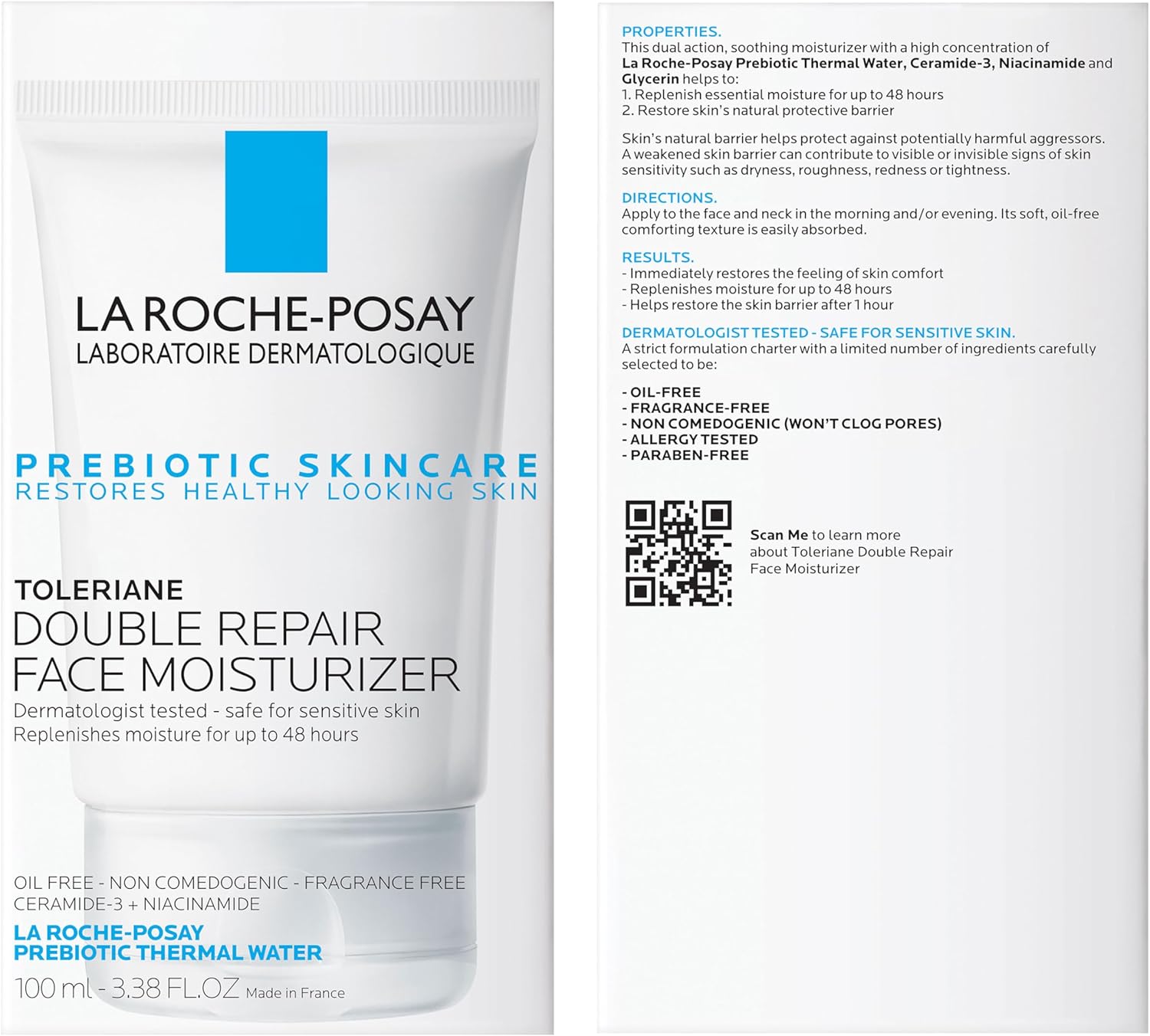 la roche posay toleriane double repair face moisturizer, daily moisturizer face cream with ceramide and niacinamide for all skin types, oil free, fragrance free