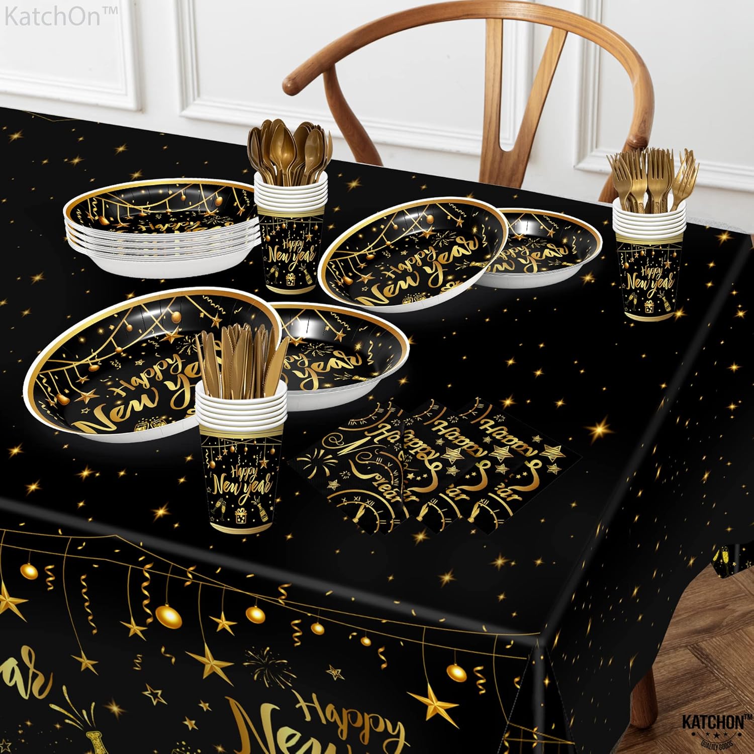 katchon, new years eve plates and napkins set serves 25 guest | happy new years tableware | new years plates and napkins and cups with happy new year tablecloth | new years eve party supplies 2025