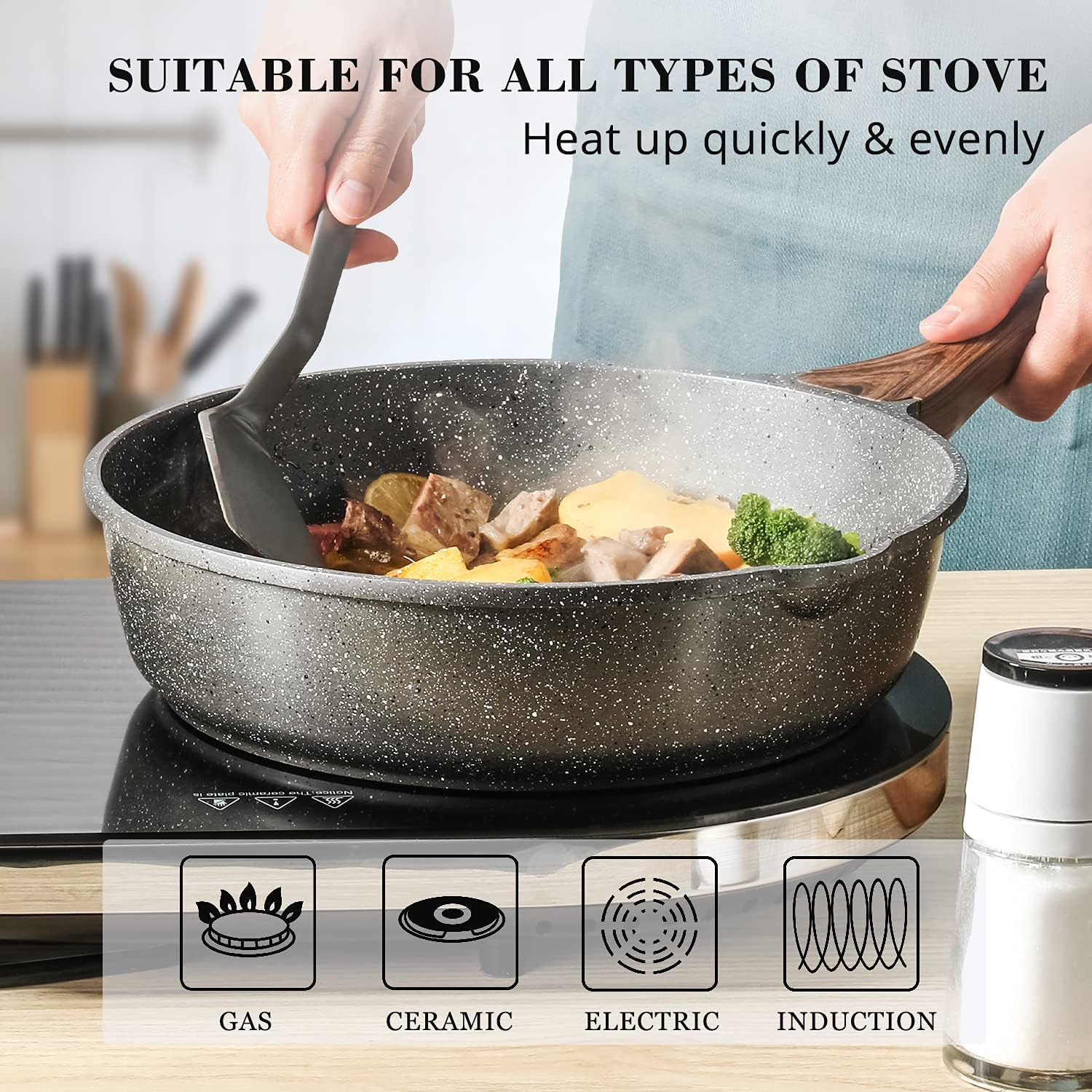 sensarte nonstick deep frying pan skillet, 26cm saute pan with lid, stay cool handle, chef pan healthy stone cookware cooking pan, induction compatible, pfoa free