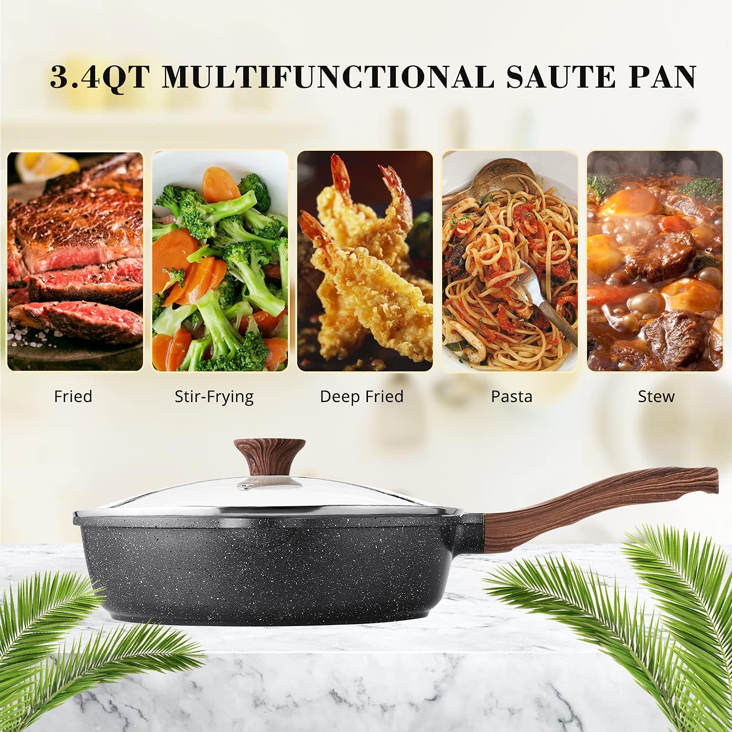 sensarte nonstick deep frying pan skillet, 26cm saute pan with lid, stay cool handle, chef pan healthy stone cookware cooking pan, induction compatible, pfoa free