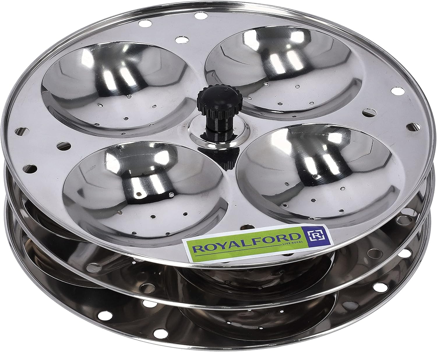 royalford stainless idly stand 3 tier with idli steamer, trey, steel food grade material medium for pressure cooker perfect idli, samosa idli, silver 12 pcs capacity rf9876