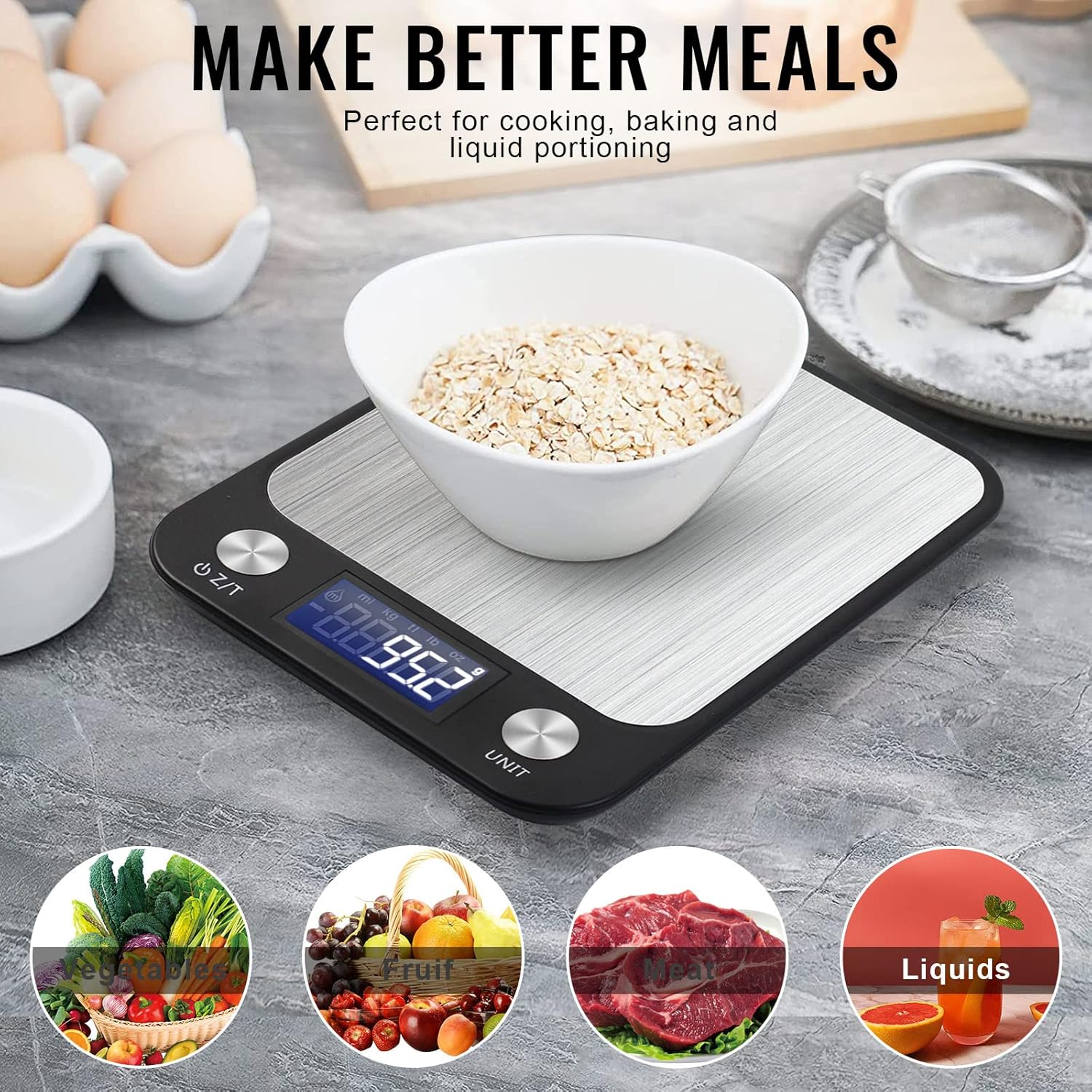 sky touch digital kitchen scale multifunction food scale, touch button, ultra slim with large lcd display, 11lb/5kg, 22lb/5kg, stainless steel (batteries included) (10000g/1g)