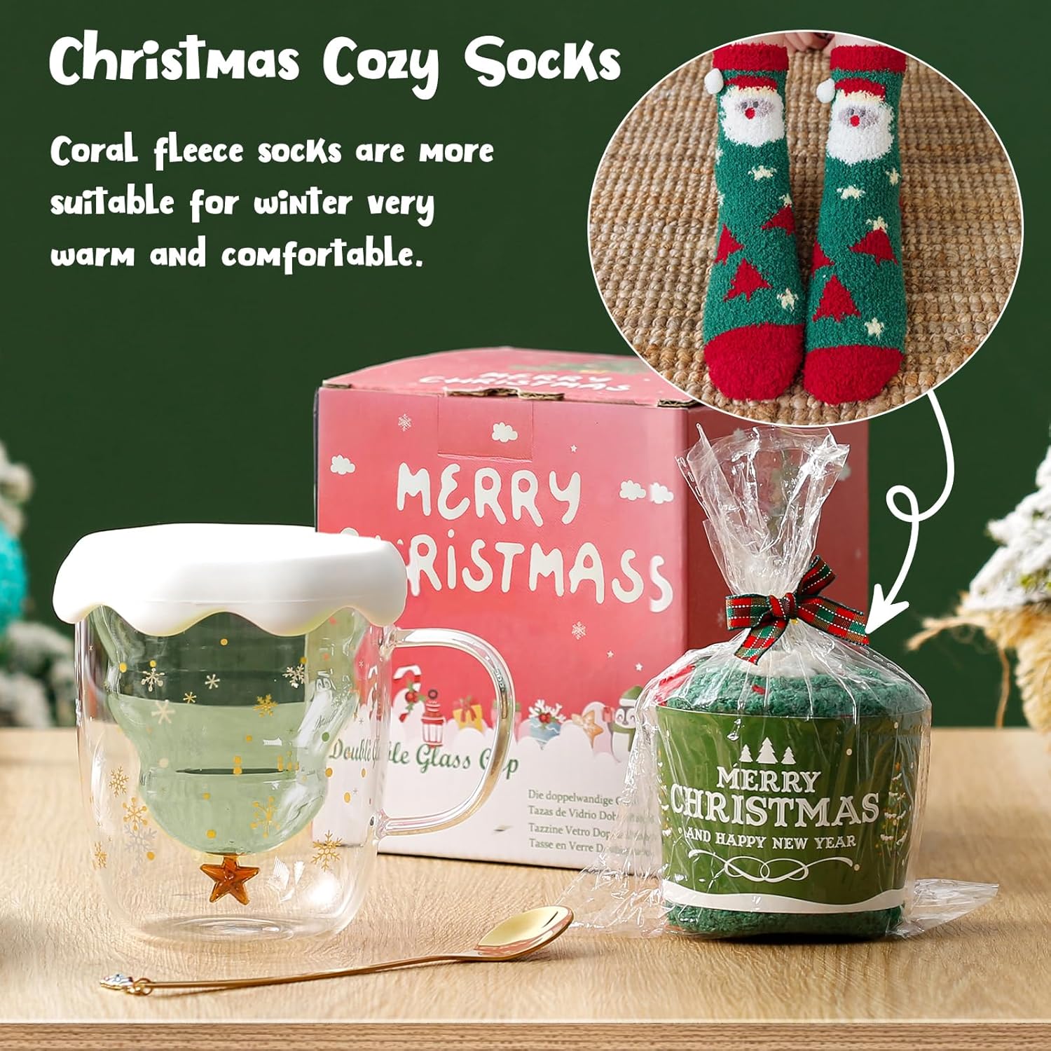 binoster cute mugs christmas coffee mug double walled glass mugs milk tea espresso cup christmas tree decorations christmas funny gifts for women men kids girls her best friend（green）