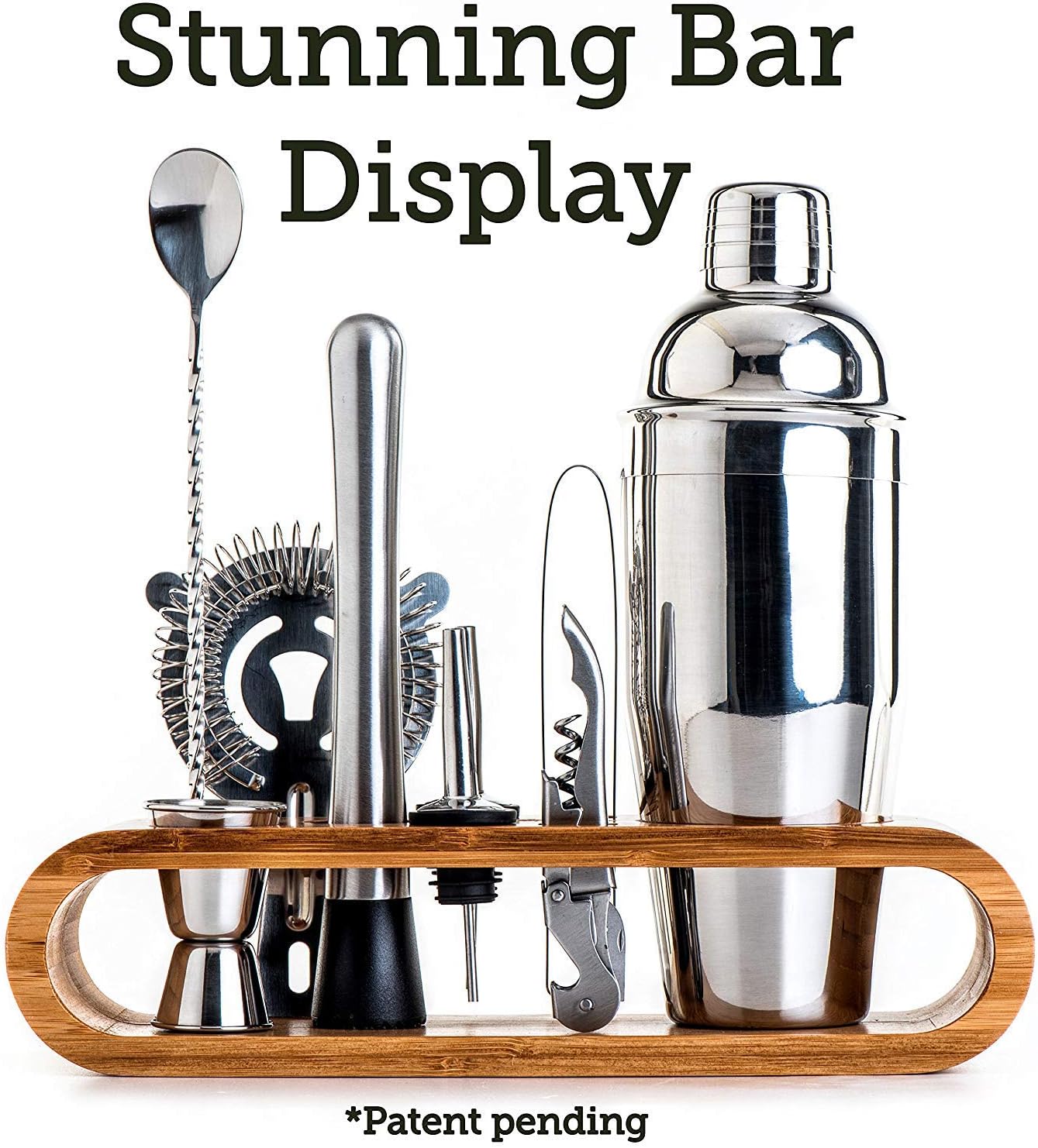 bartender kit: 11 piece bar tool set with stylish bamboo stand perfect home bartending kit and martini cocktail shaker for an awesome drink mixing experience exclusive recipes bonus, silver