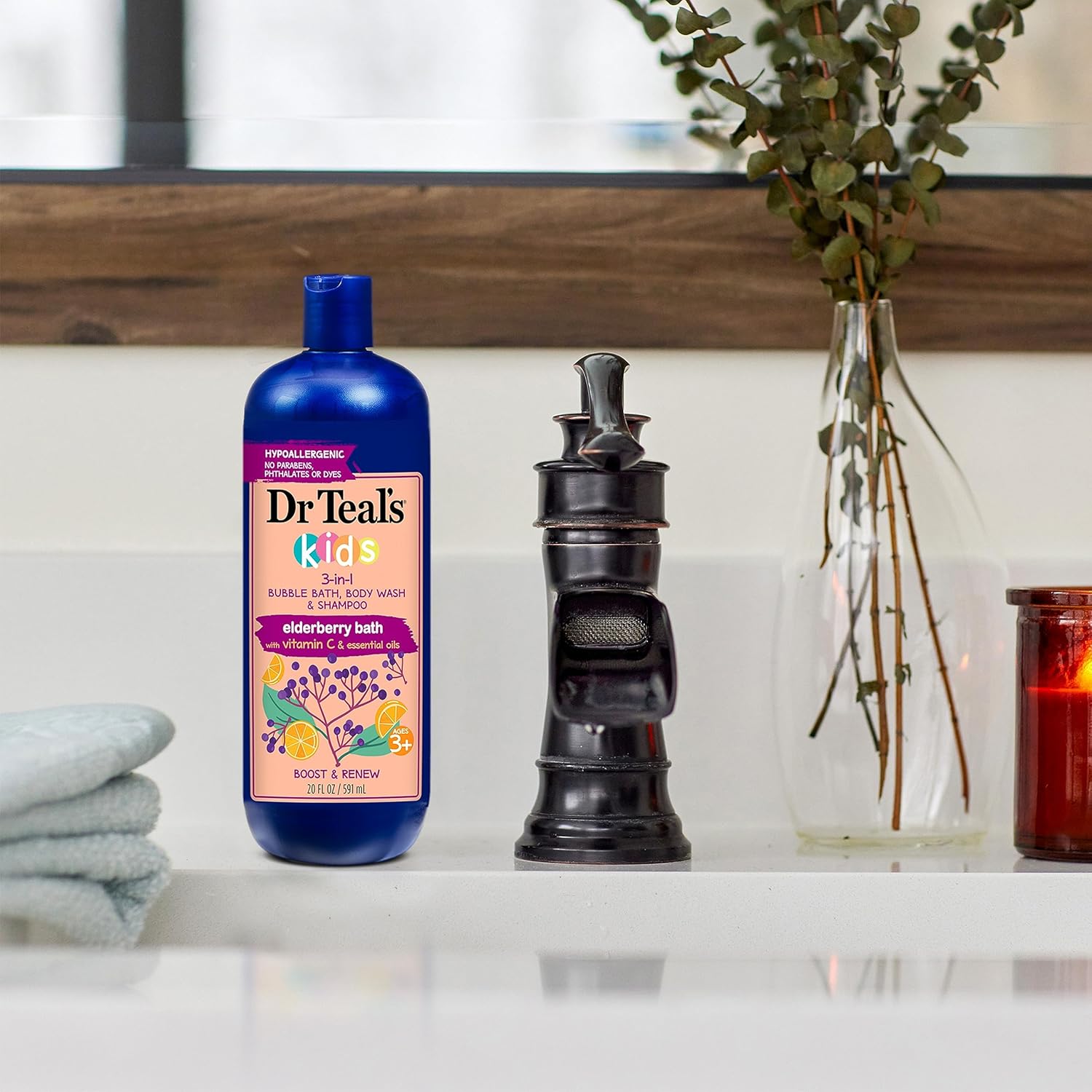 dr teal's kids 3 in 1 bubble bath, body wash & shampoo elderberry & vitamin c 591ml