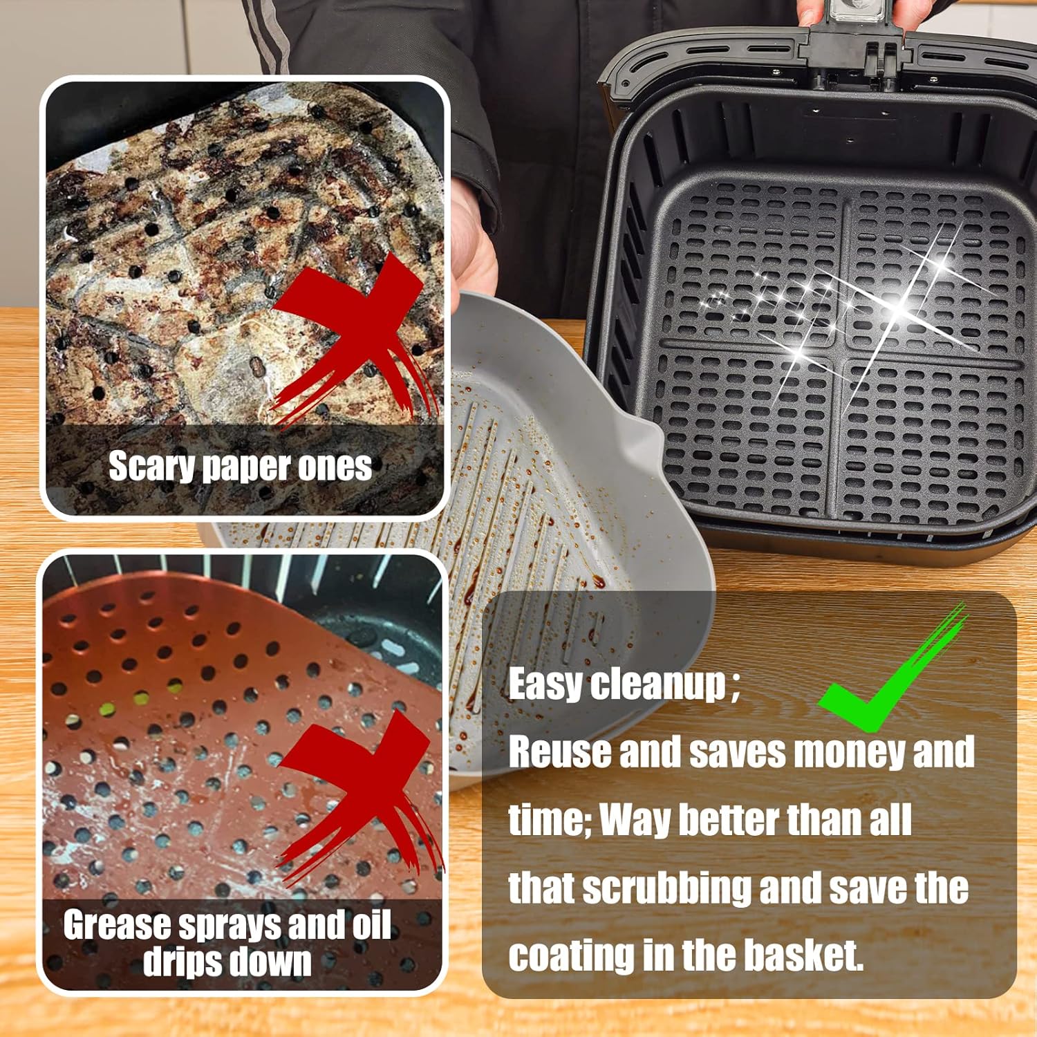 golden associate silicone liners square 8 inches for air fryer, 2 pcs non stick food grade reusable silicone pot baking tray basket bowl oven air fryer accessories, assorted color.