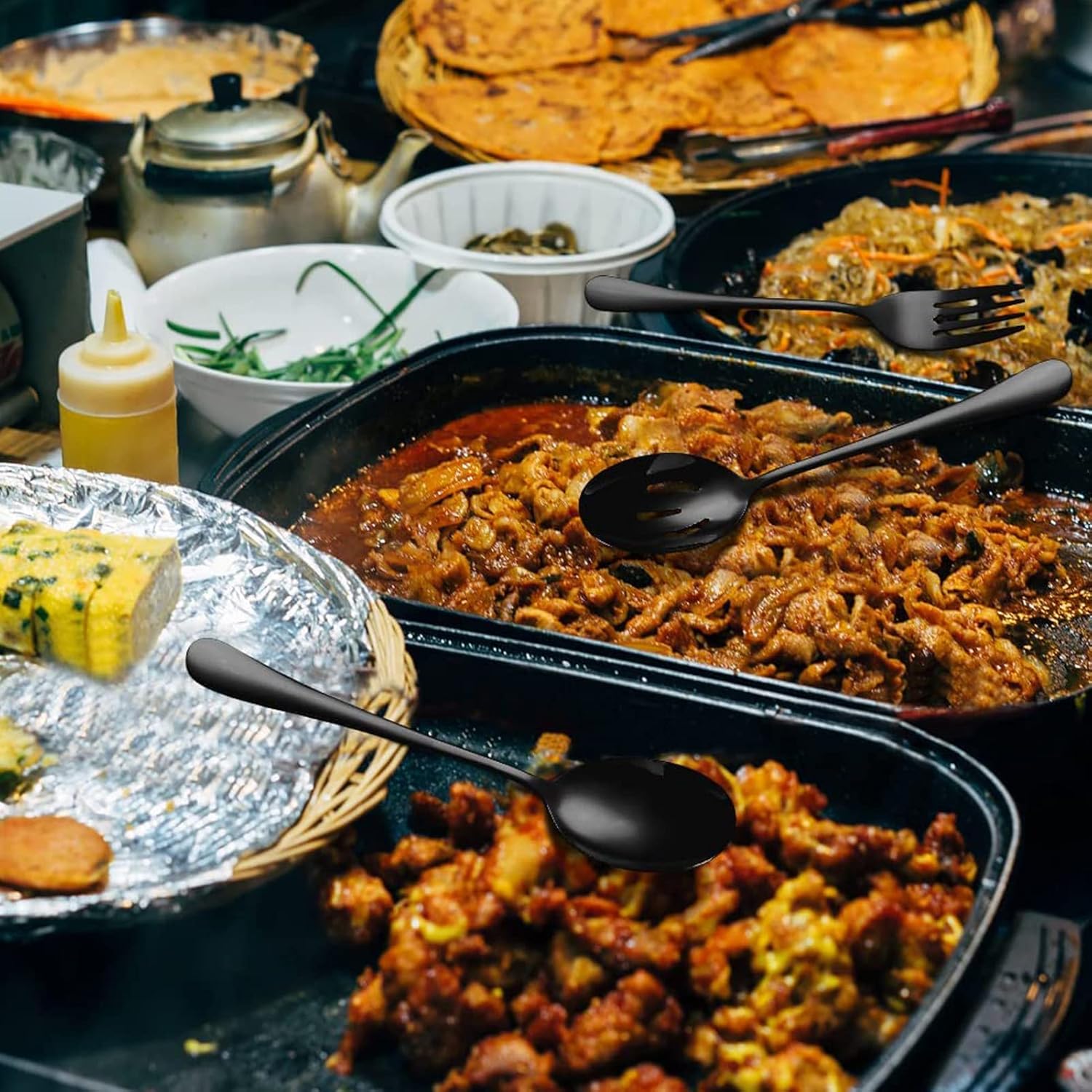 u hoome stainless steel serving utensils,10pcs large serving spoon set,slotted serving spoons,serving spoons,serving forks,serving tongs,buffet catering serving spoons fork tongs (black, 10)