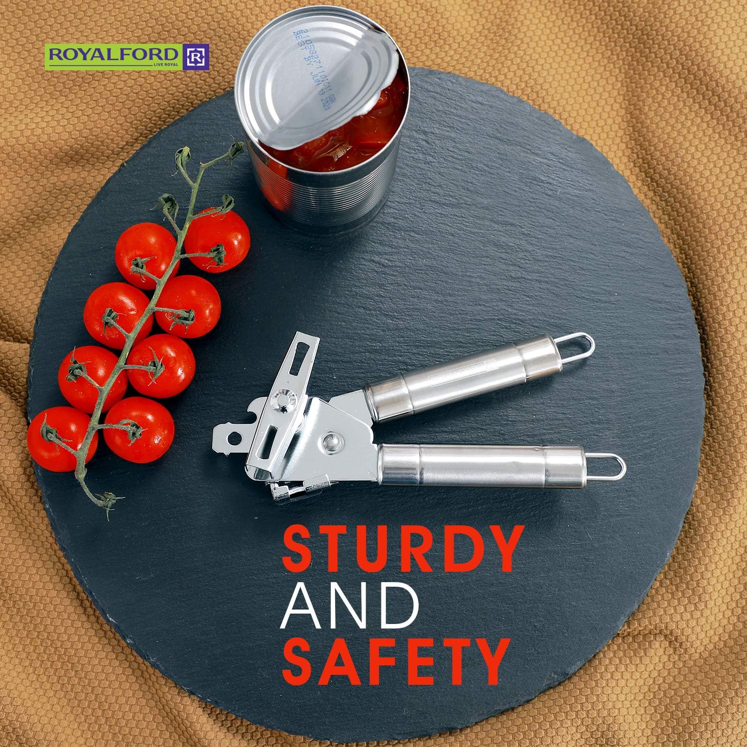 royalford 3 in 1 can opener with stainless steel tube handle | manual tin can opener | easy to use bottle cap opener, can tin & jar opener all in 1 | easy turn knob and ergonomic soft grips handles