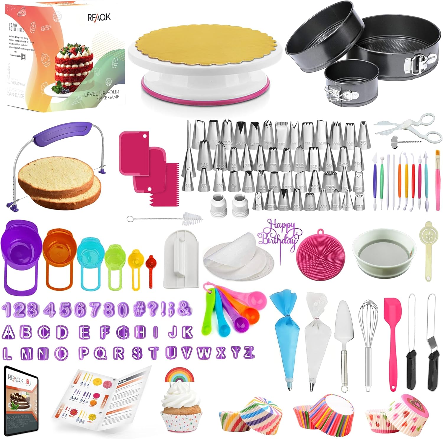 rfaqk baking and cake decorating supplies kit | all in1 cake decoration tools kit for baking, decorating, serving –3 springform pans, 48 numbered icing tips, cake turntable 360pcs