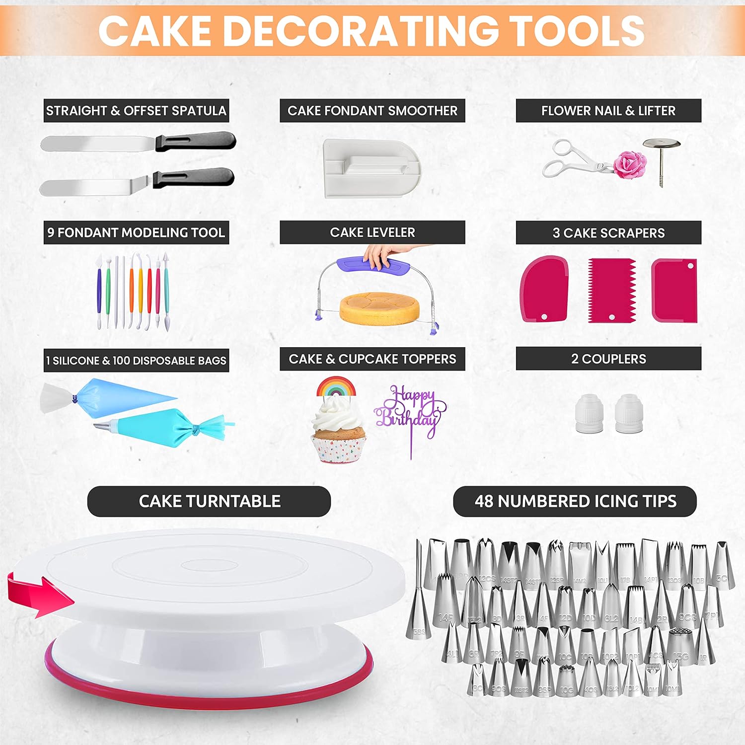 rfaqk baking and cake decorating supplies kit | all in1 cake decoration tools kit for baking, decorating, serving –3 springform pans, 48 numbered icing tips, cake turntable 360pcs