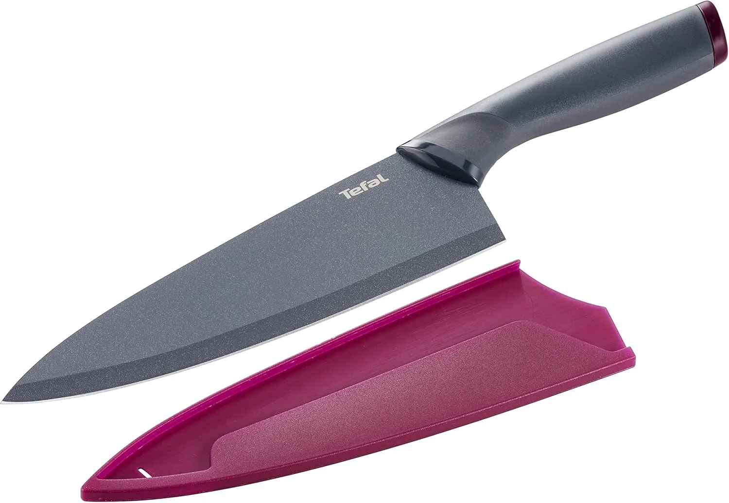 Tefal Fresh Kitchen 20 Cm Chef Knife With Cover, Grey/Purple, Stainless Steel/Plastic, K1220205