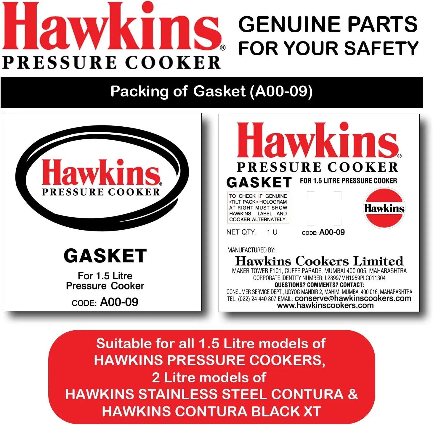 Hawkins Rubber Gasket 2 Units For 1.5liter Pressure Cooker And 2 Units Of Safety Valve, Assorted