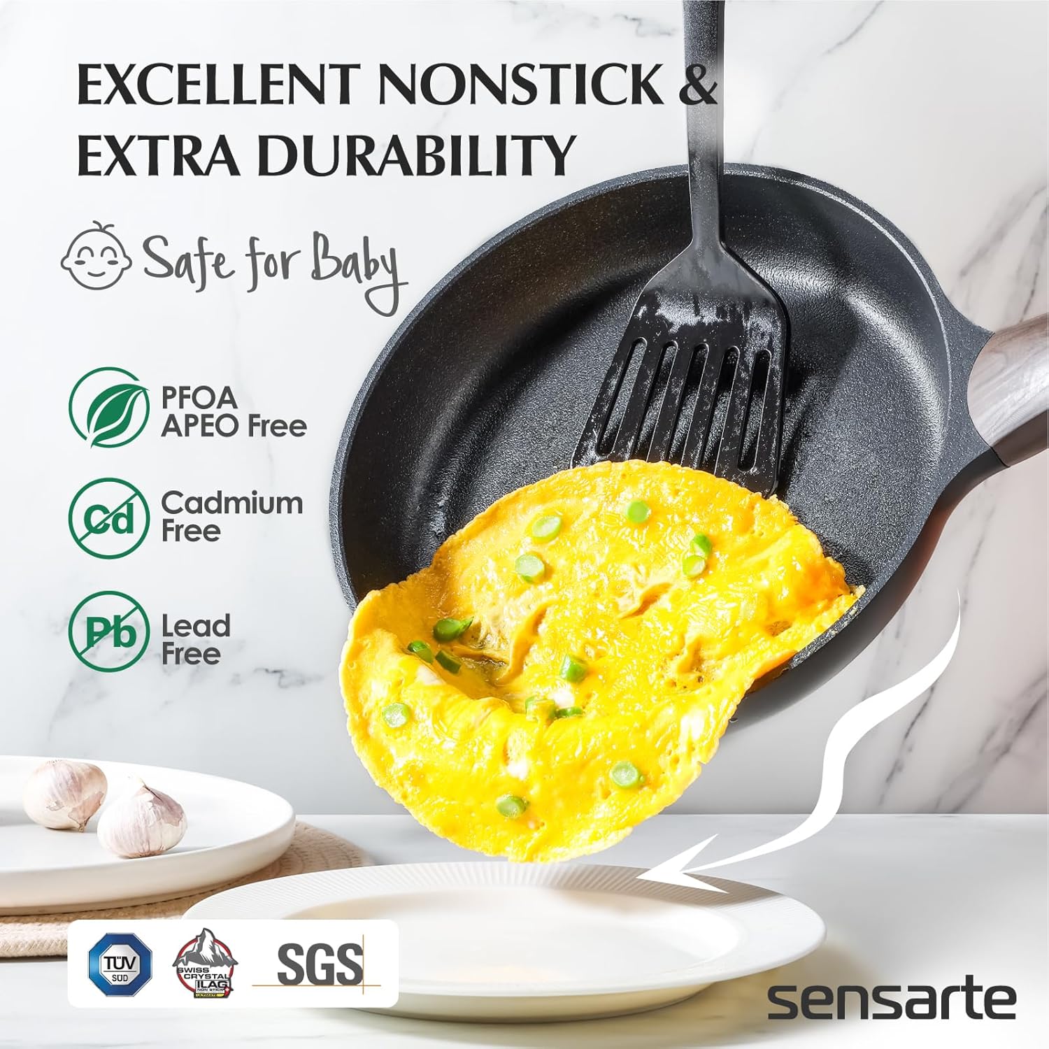 sensarte pots and pans set nonstick, 14 pcs induction kitchen cookware sets, non toxic non stick cooking set with frying pans set & saucepan, pfoa pfos apeo free, black
