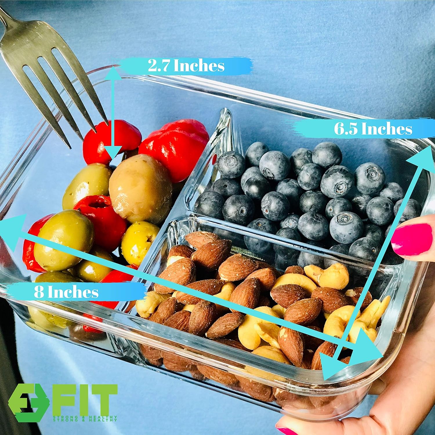 fit strong & healthy glass meal prep containers 2 and 3 compartments (4 pack, 32 oz) glass food storage containers with lids, glass bento box, portion control, airtight, oven safe