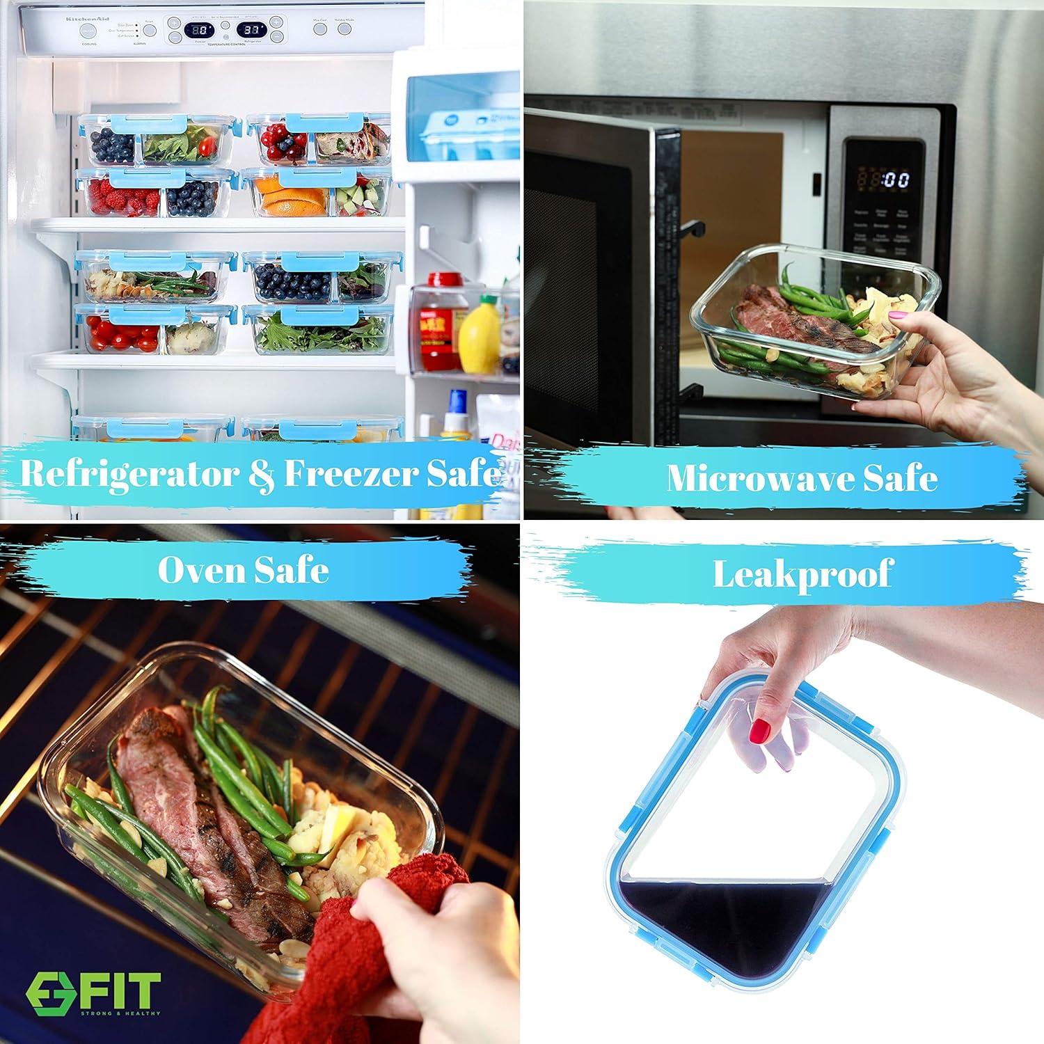 fit strong & healthy glass meal prep containers 2 and 3 compartments (4 pack, 32 oz) glass food storage containers with lids, glass bento box, portion control, airtight, oven safe